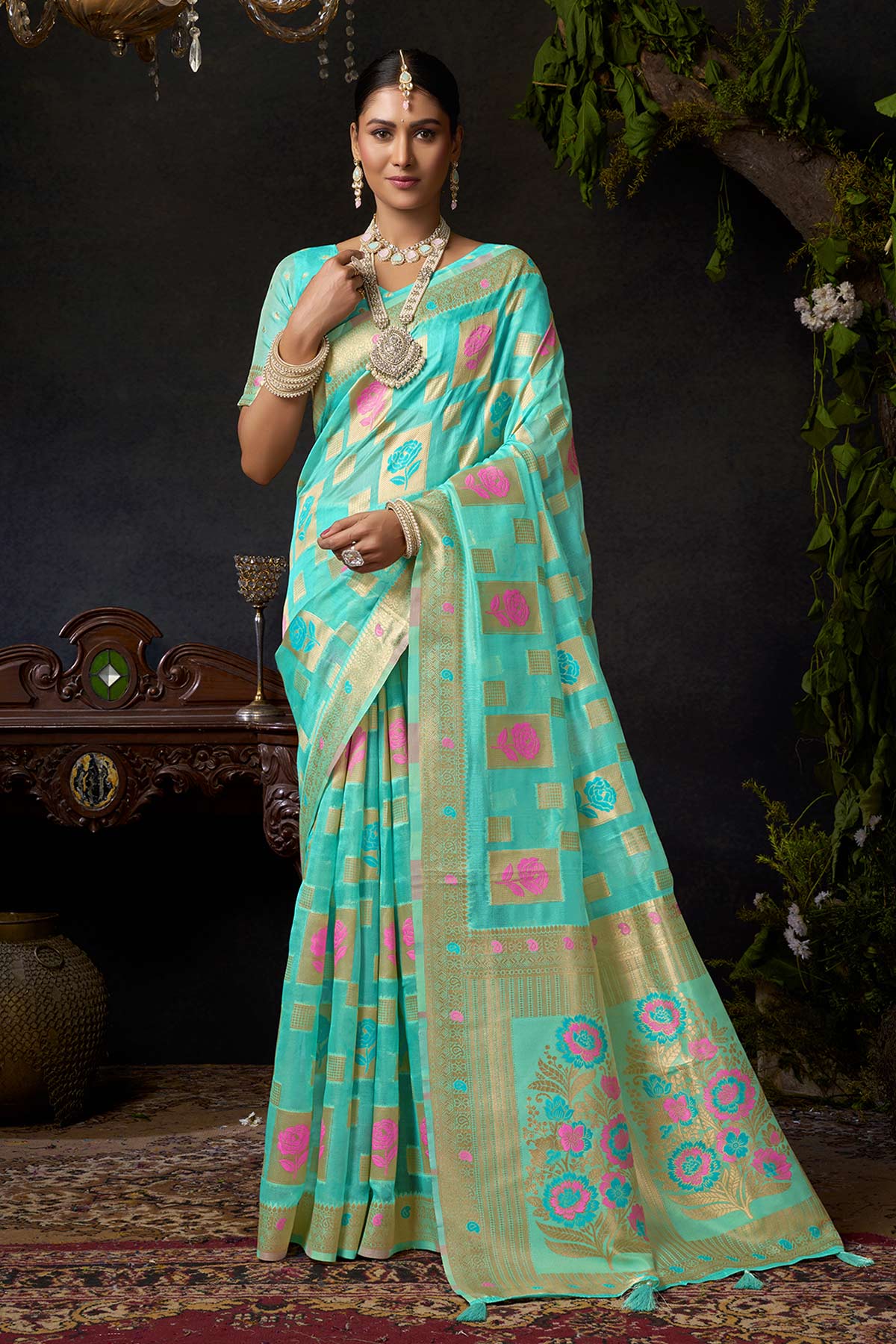 Buy Turquoise Organza Khadi Saree for women by Jyoti Fashion online available at scrollnshops