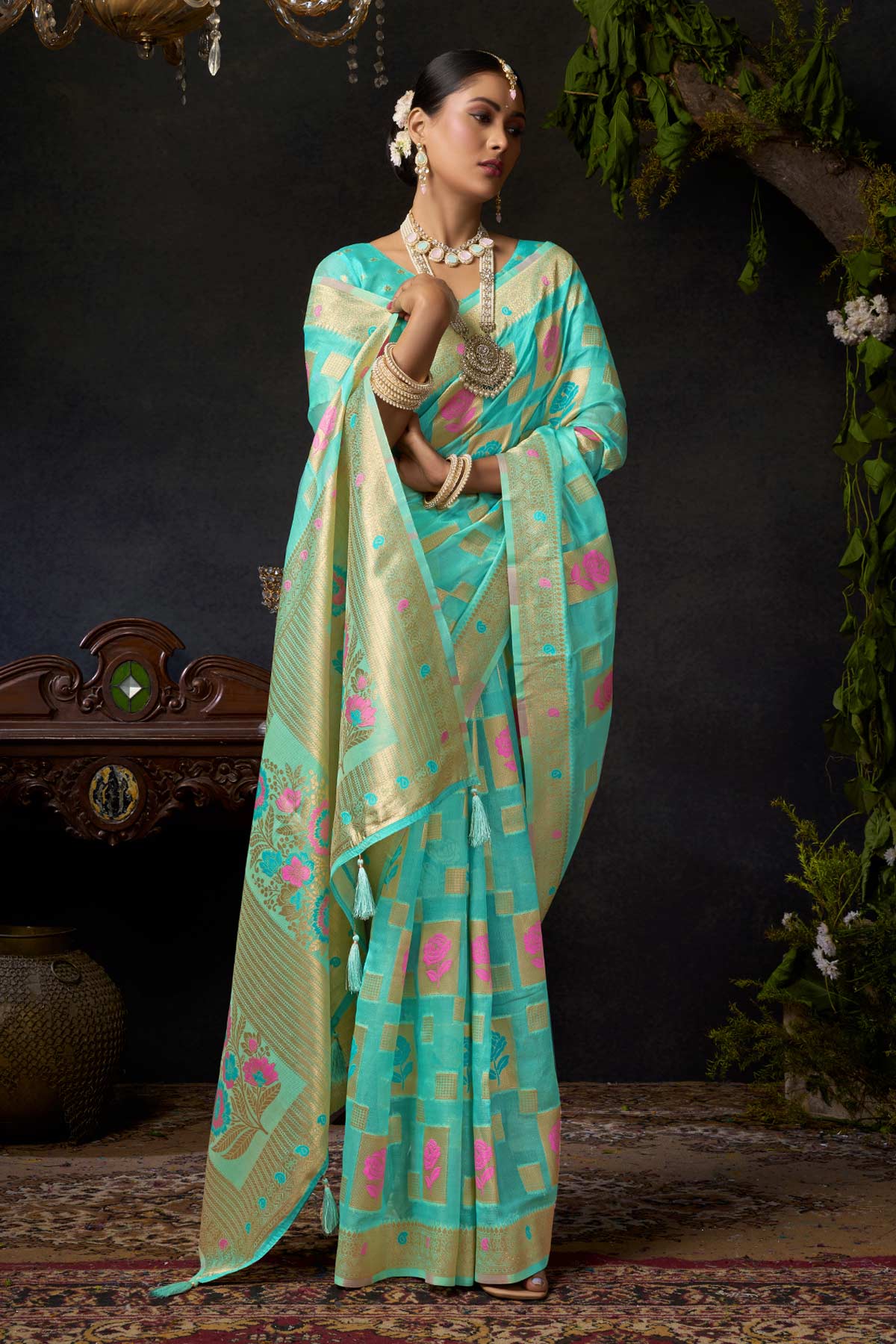 Turquoise Organza Khadi Saree