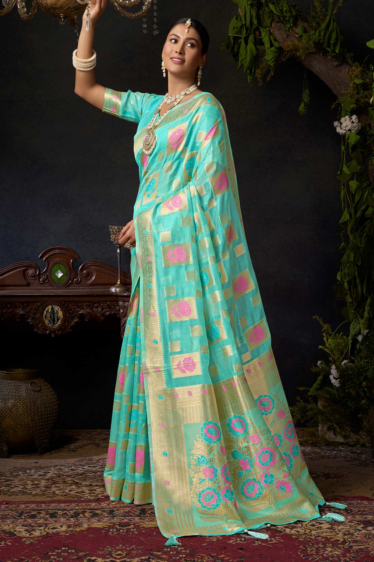 Turquoise Organza Khadi Saree