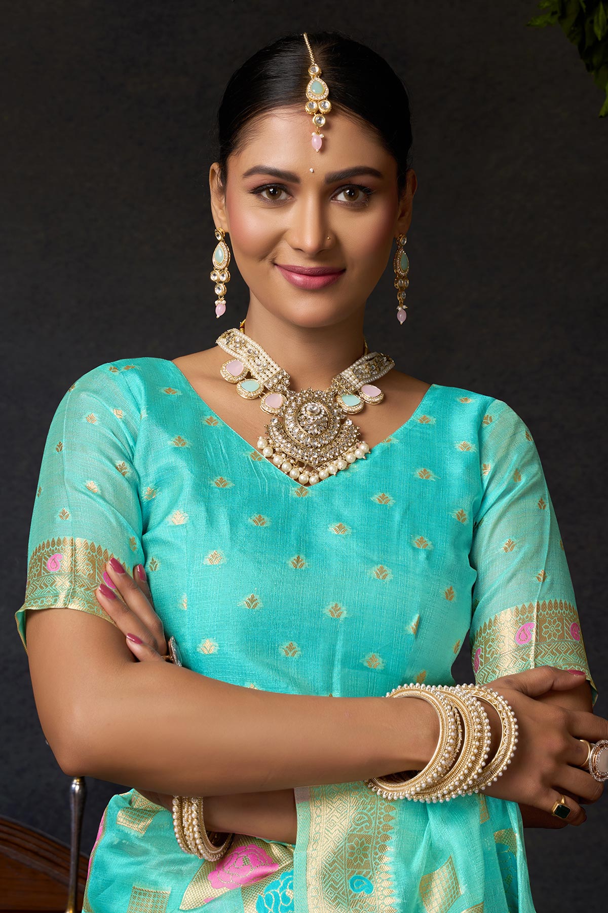 Turquoise Organza Khadi Saree