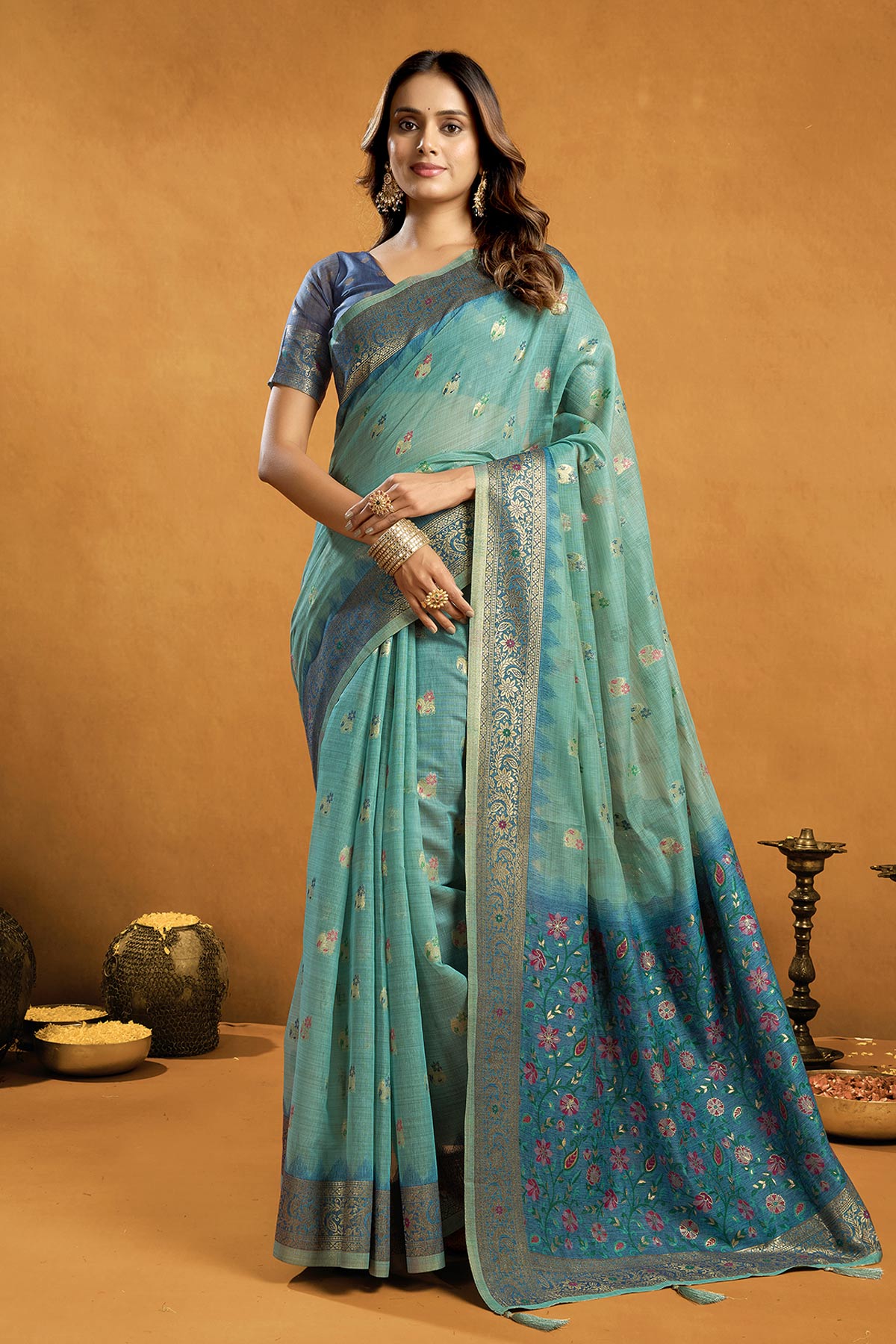 Buy Turquoise Premium Cotton Saree for women by Jyoti Fashion online available at scrollnshops