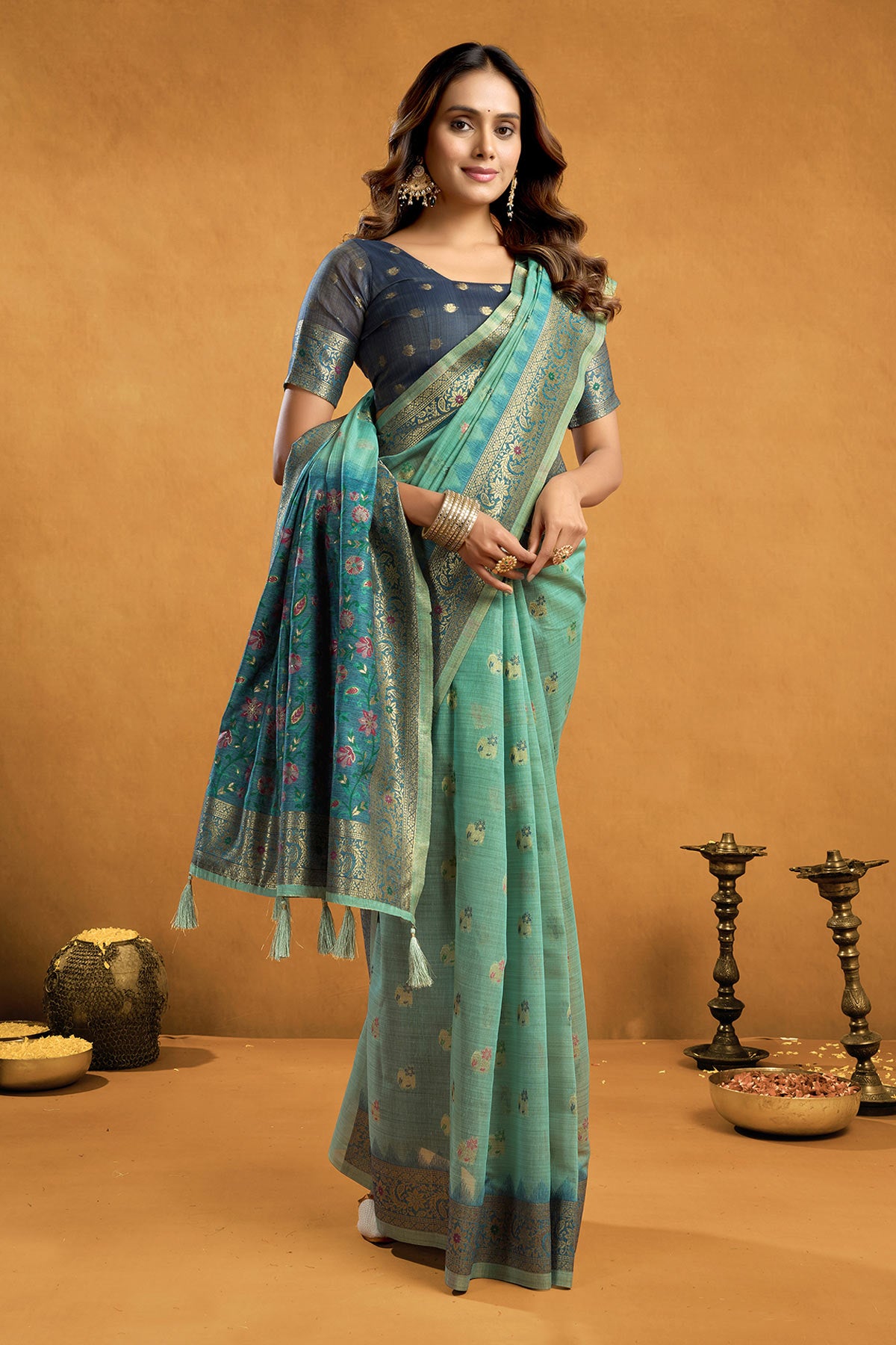 Turquoise Premium Cotton Saree