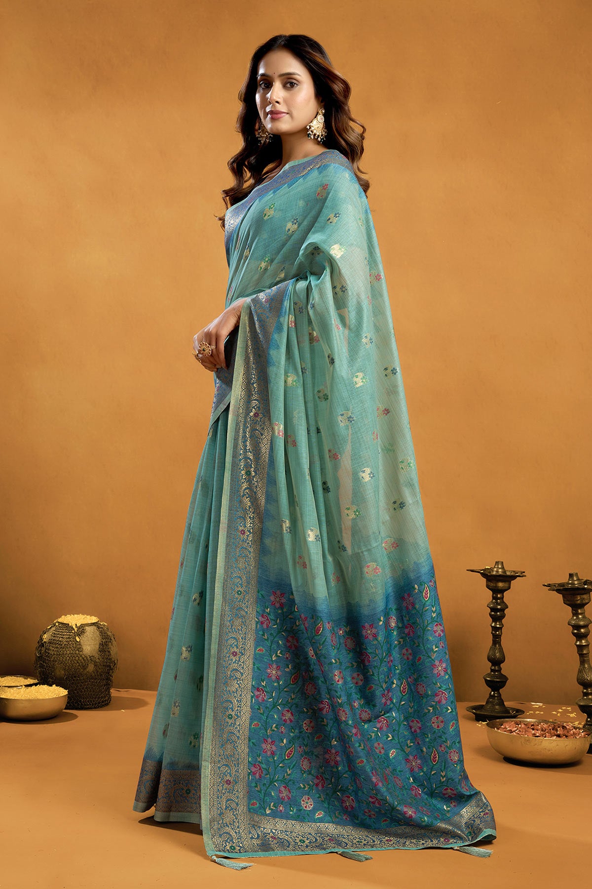 Turquoise Premium Cotton Saree