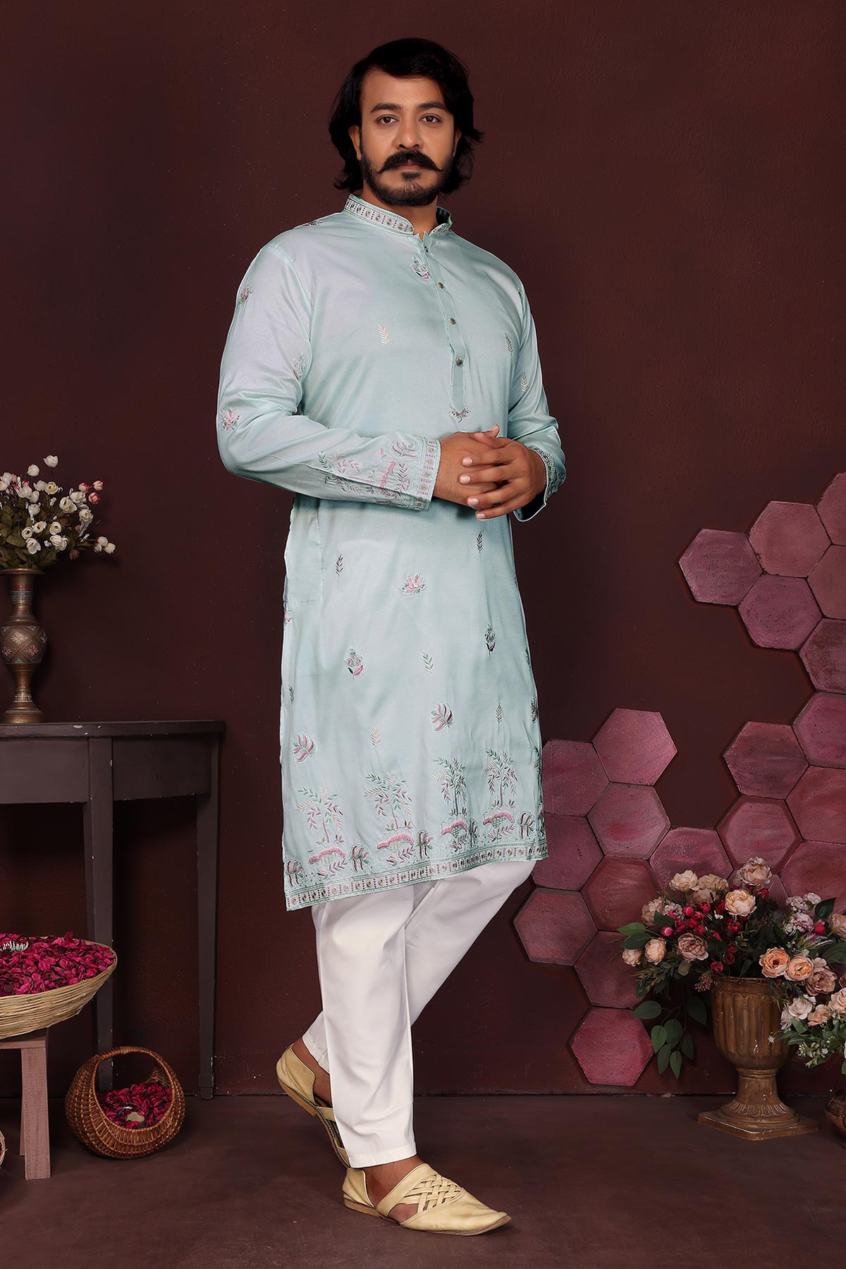 Turquoise Sequins Kurta & Pants