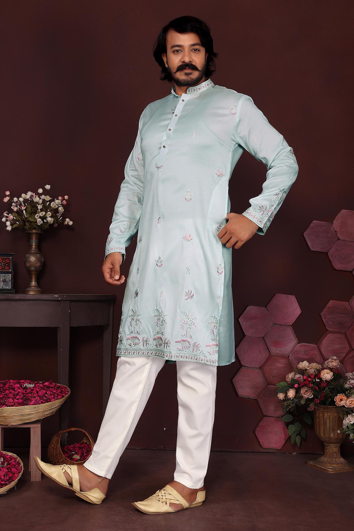 Turquoise Sequins Kurta & Pants