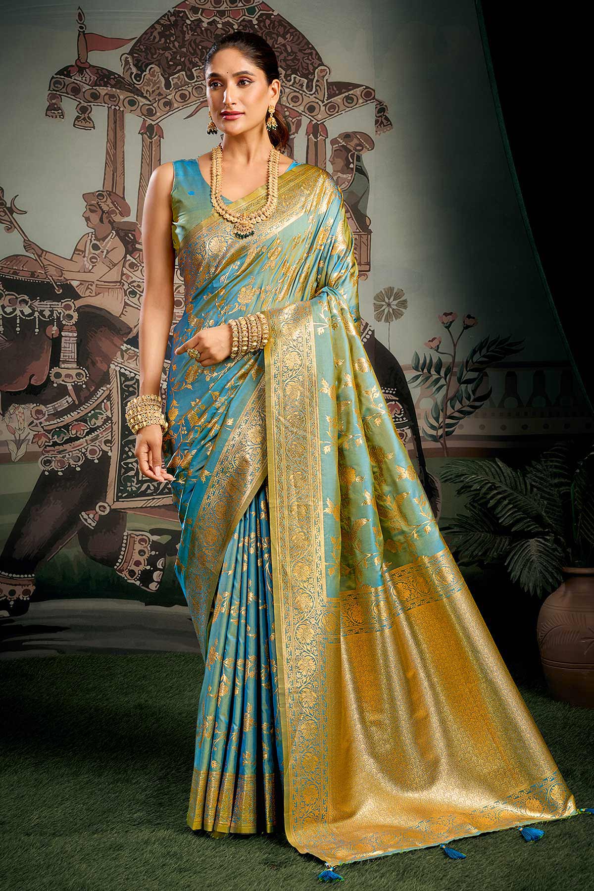 Buy Turquoise Soft Silk Woven Saree for women by Jyoti Fashion online available at scrollnshops