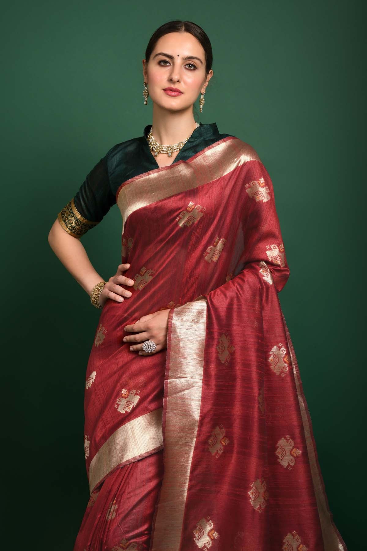 Tussar Silk Red Saree