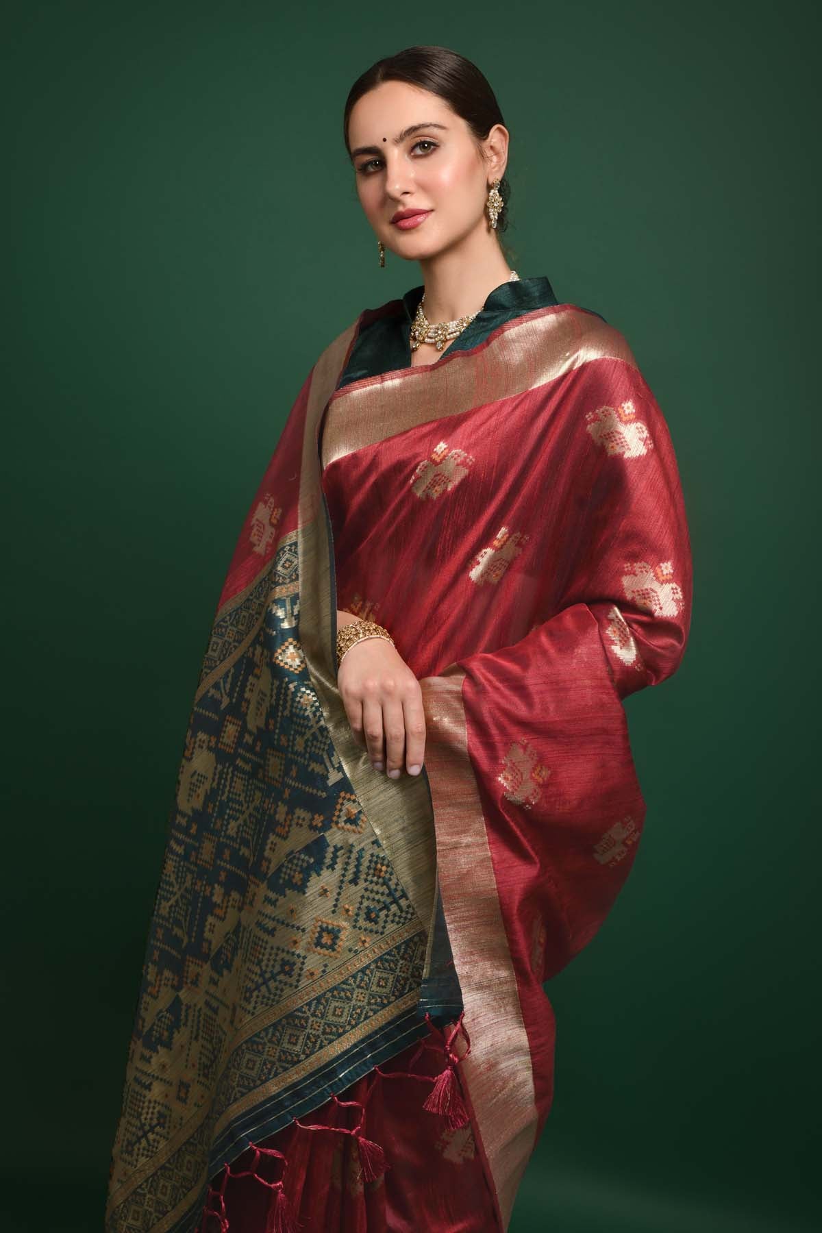 Tussar Silk Red Saree