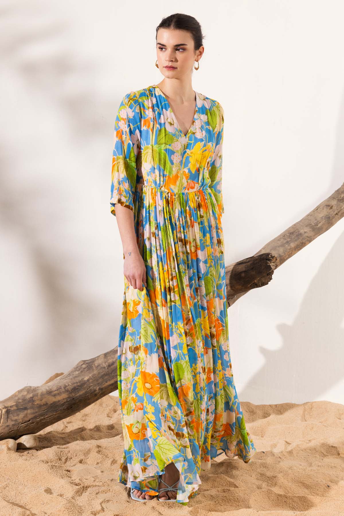 V-Neck Floral Print Long Dress