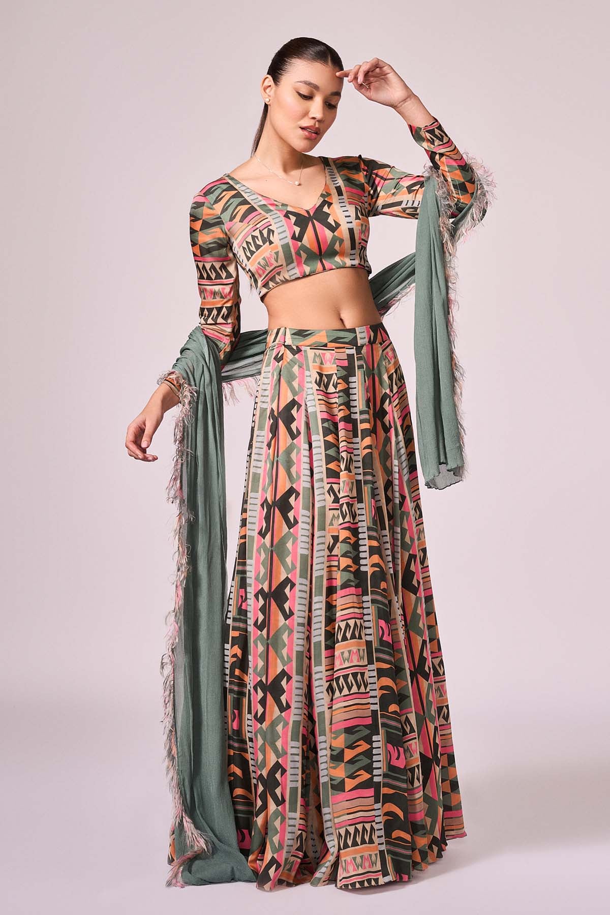 V-Neck Multicolor Lehenga Set