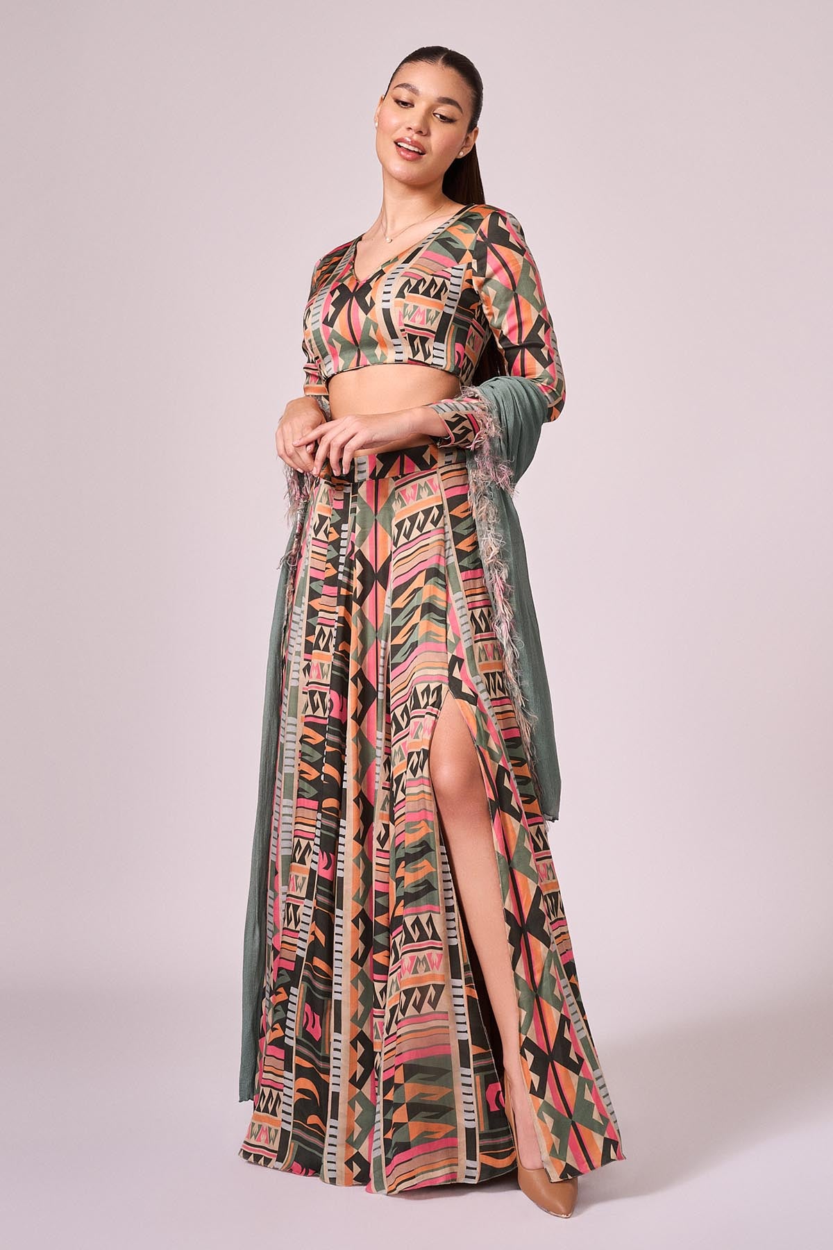 V-Neck Multicolor Lehenga Set