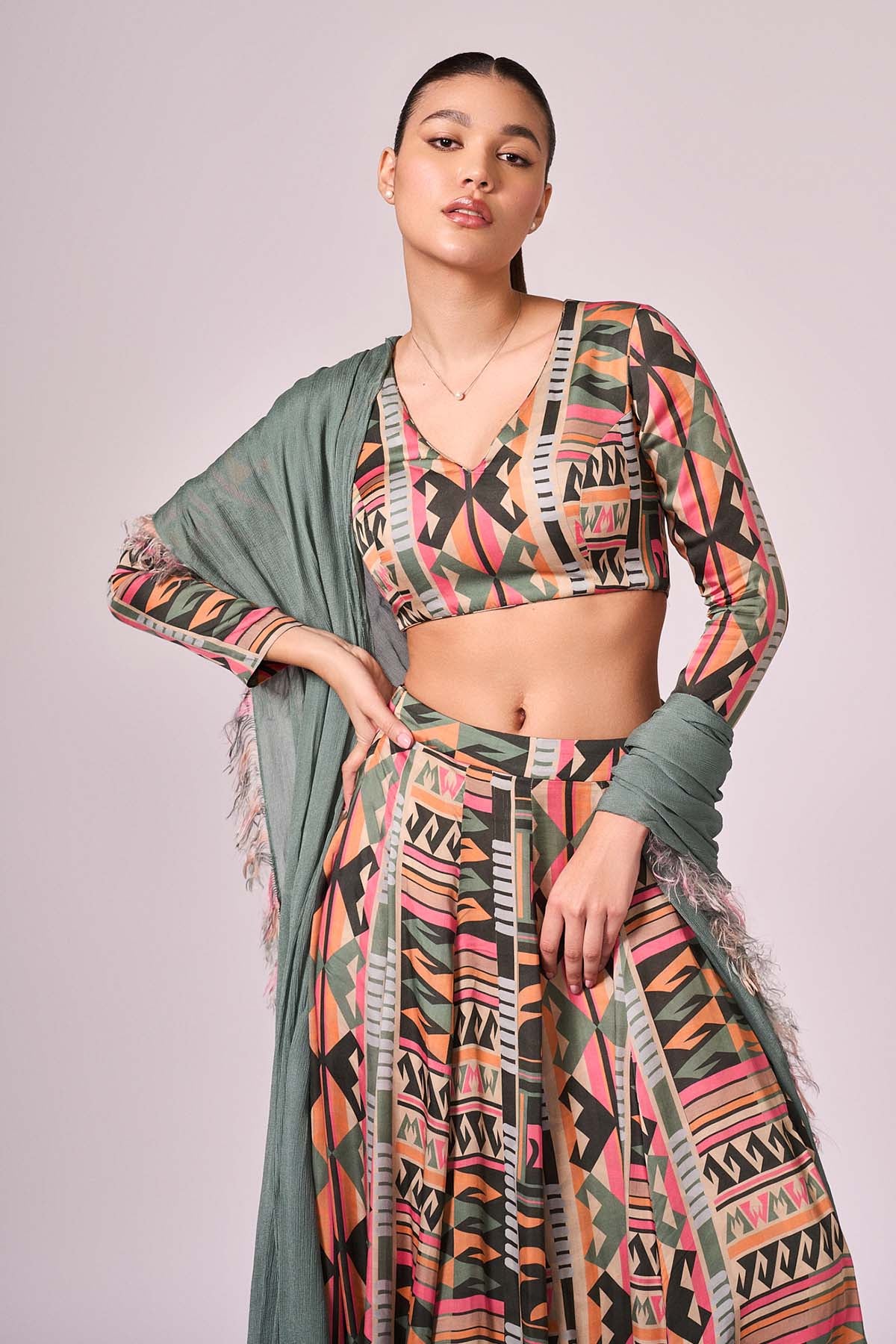 V-Neck Multicolor Lehenga Set