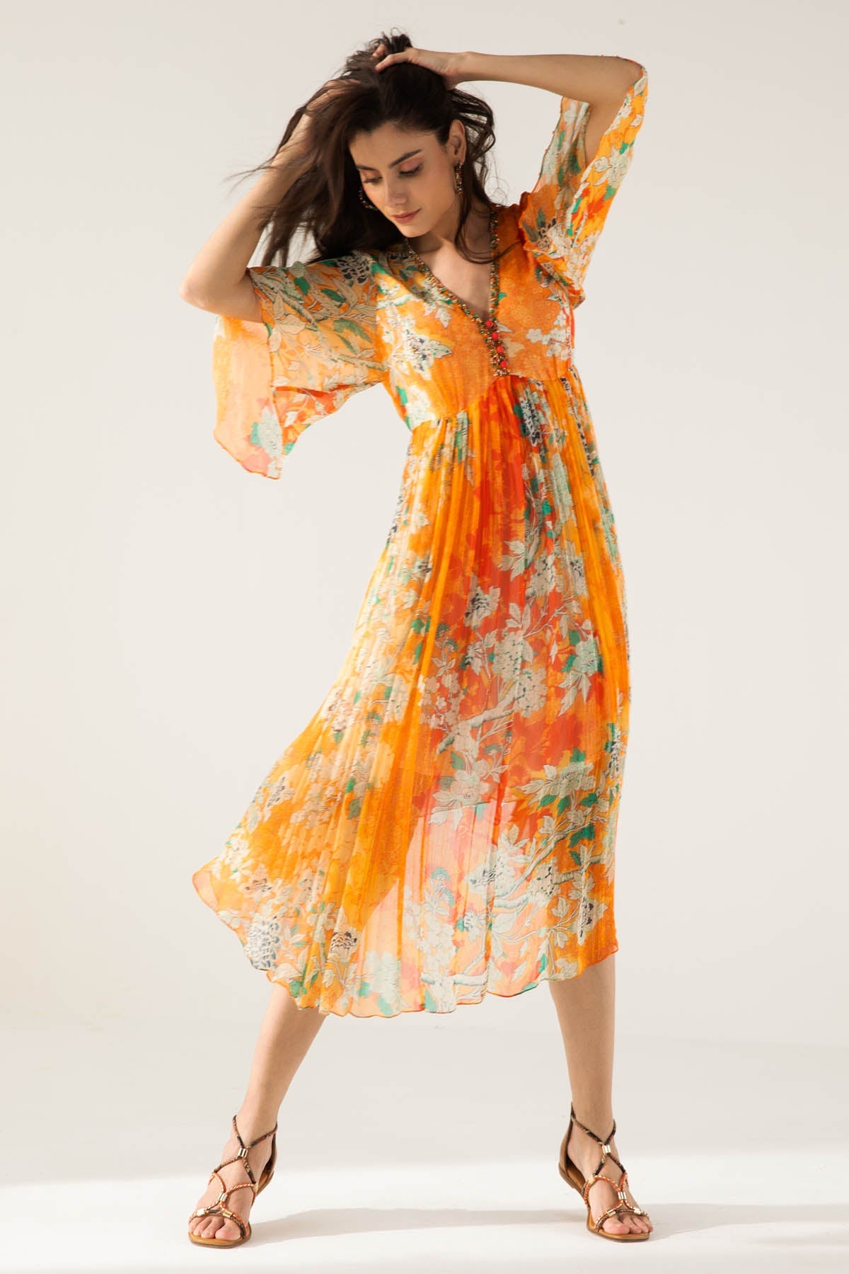 Reena Sharma V-Neck Orange Print Midi Dress For Women Online at ScrollnShops