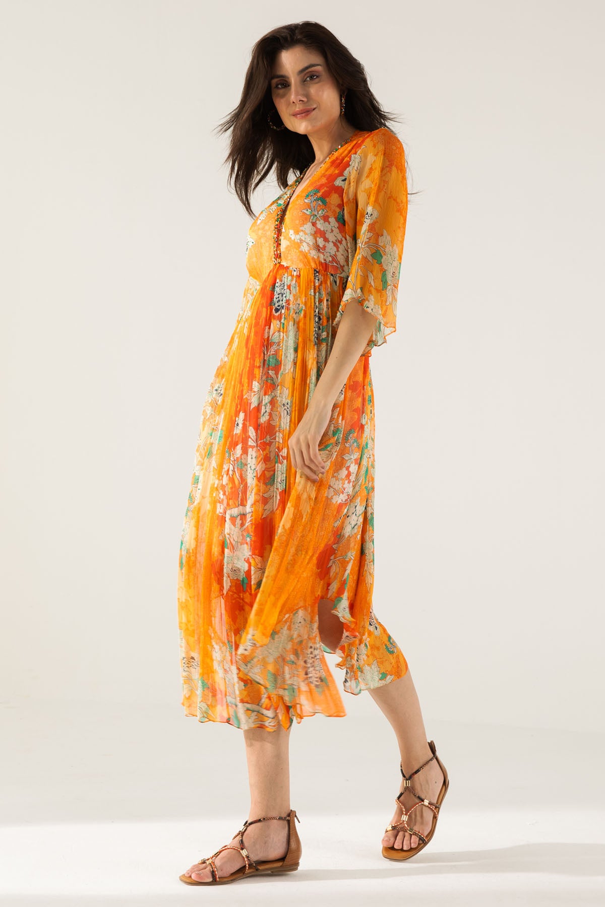 V-Neck Orange Print Midi Dress