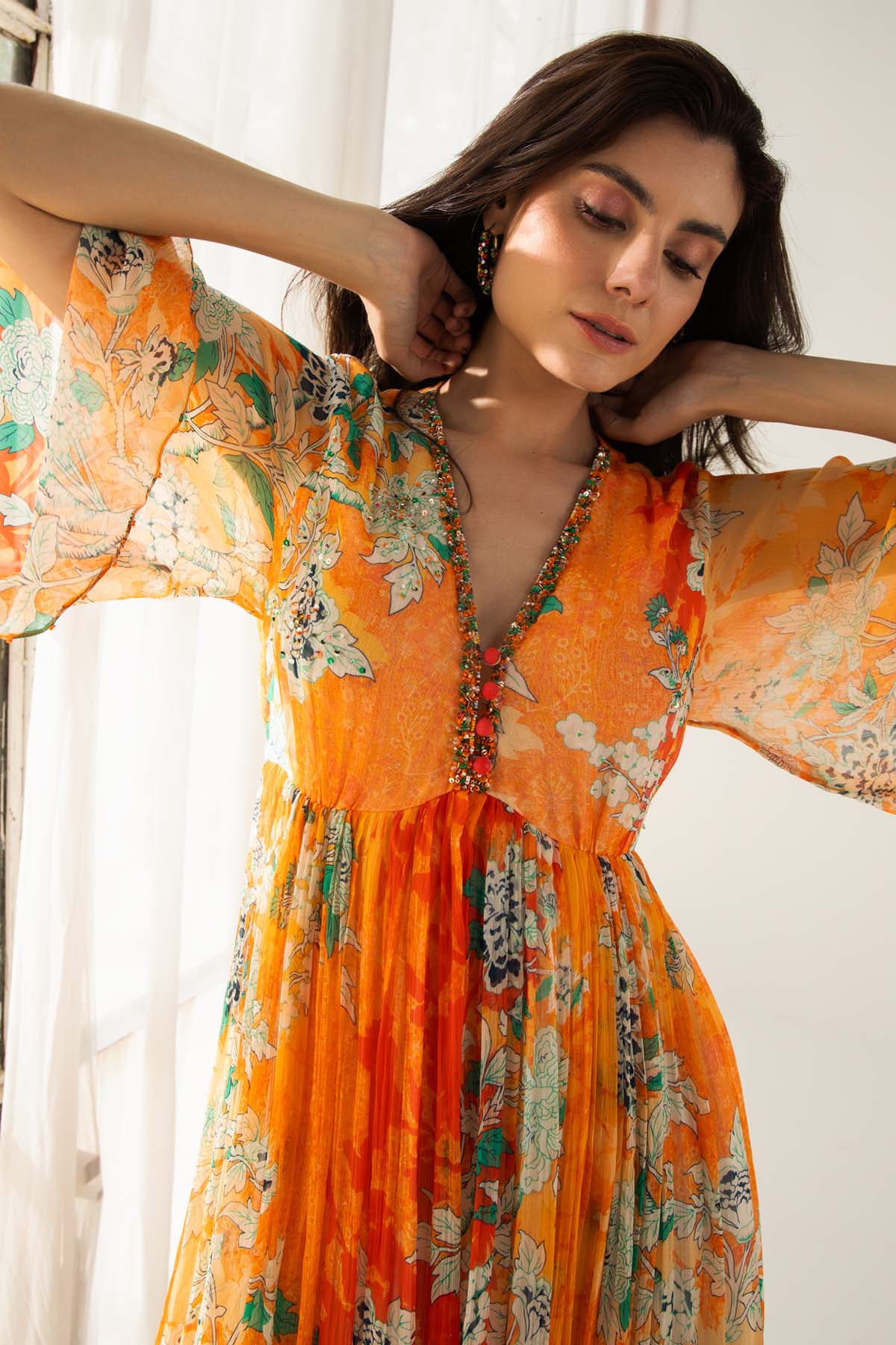 V-Neck Orange Print Midi Dress