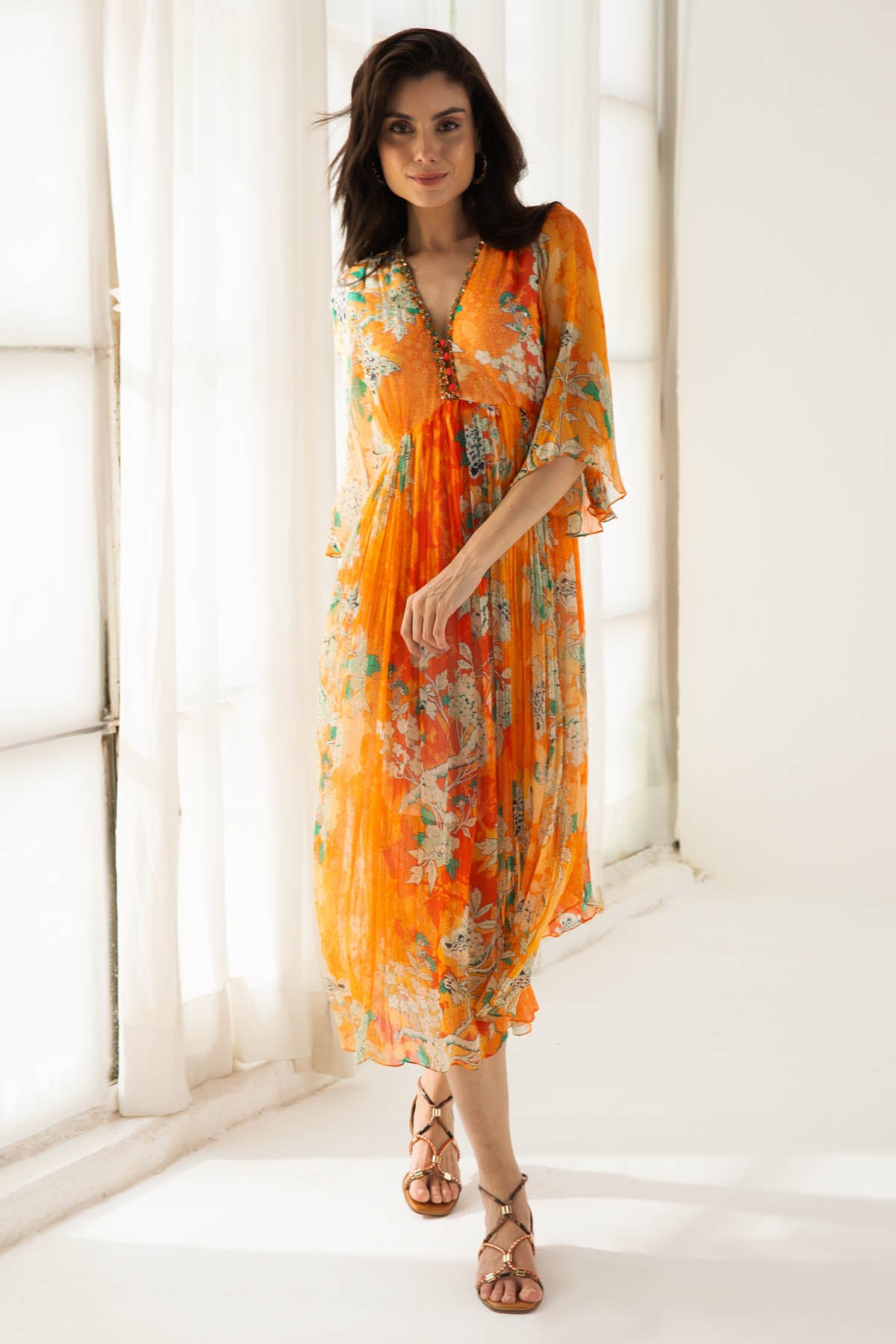 V-Neck Orange Print Midi Dress