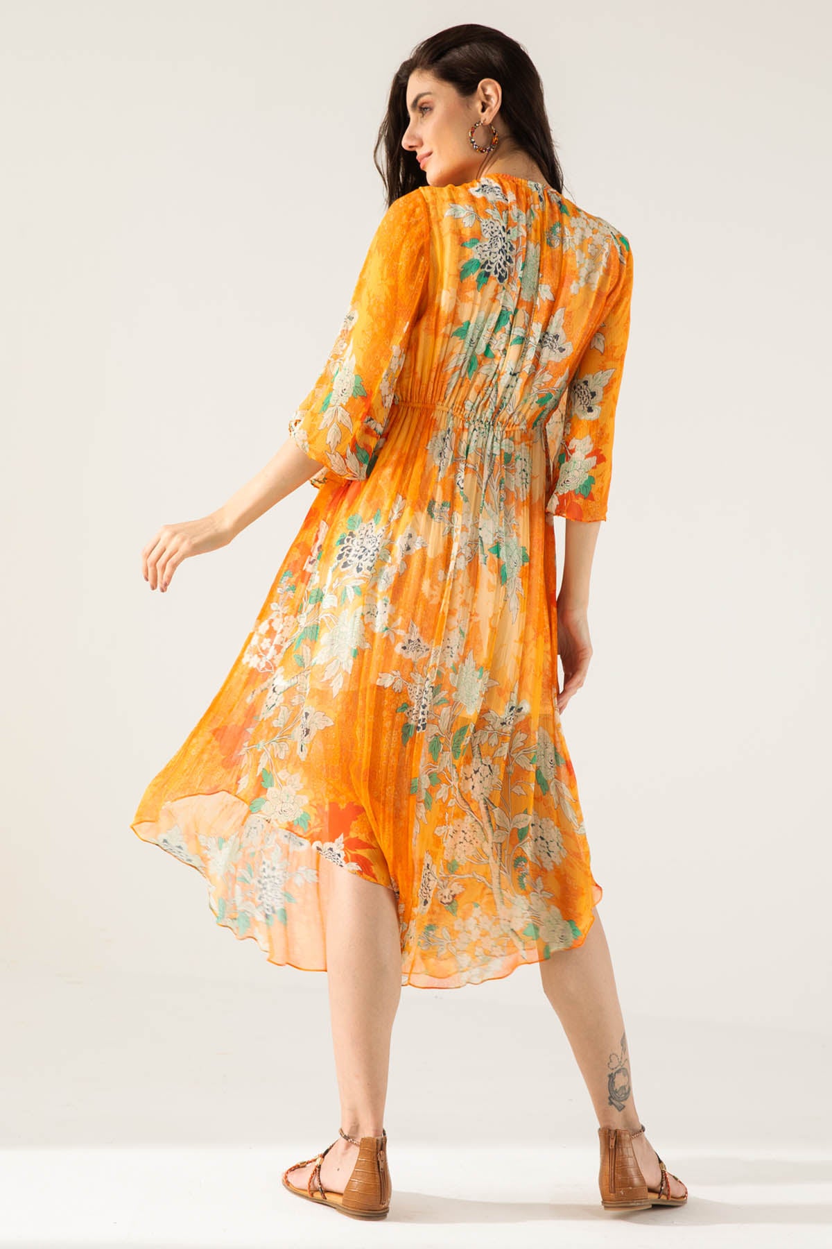 V-Neck Orange Print Midi Dress
