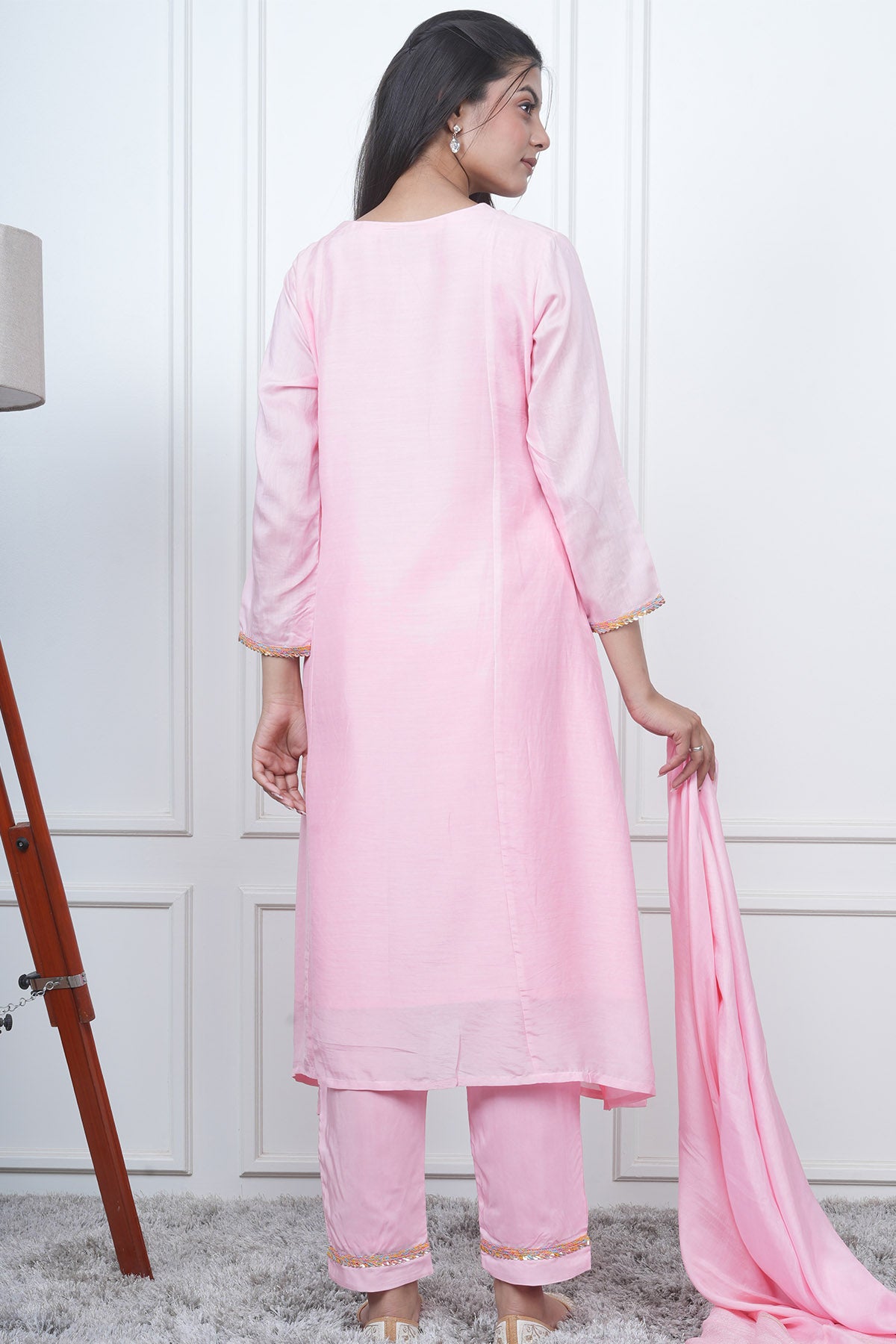 V-Neck Pink Flared Kurta Set