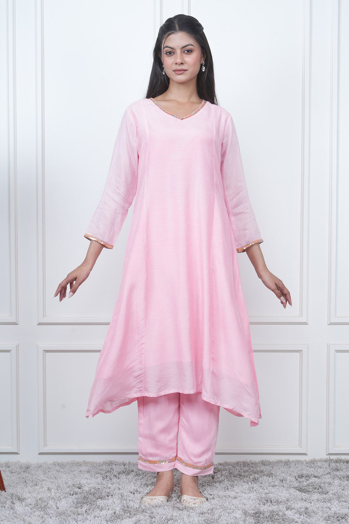 V-Neck Pink Flared Kurta Set