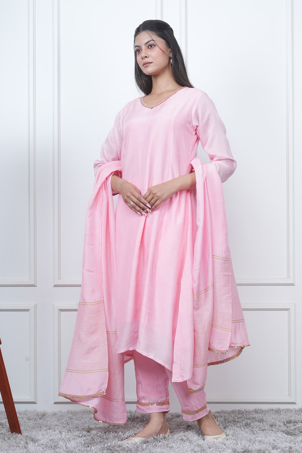 V-Neck Pink Flared Kurta Set