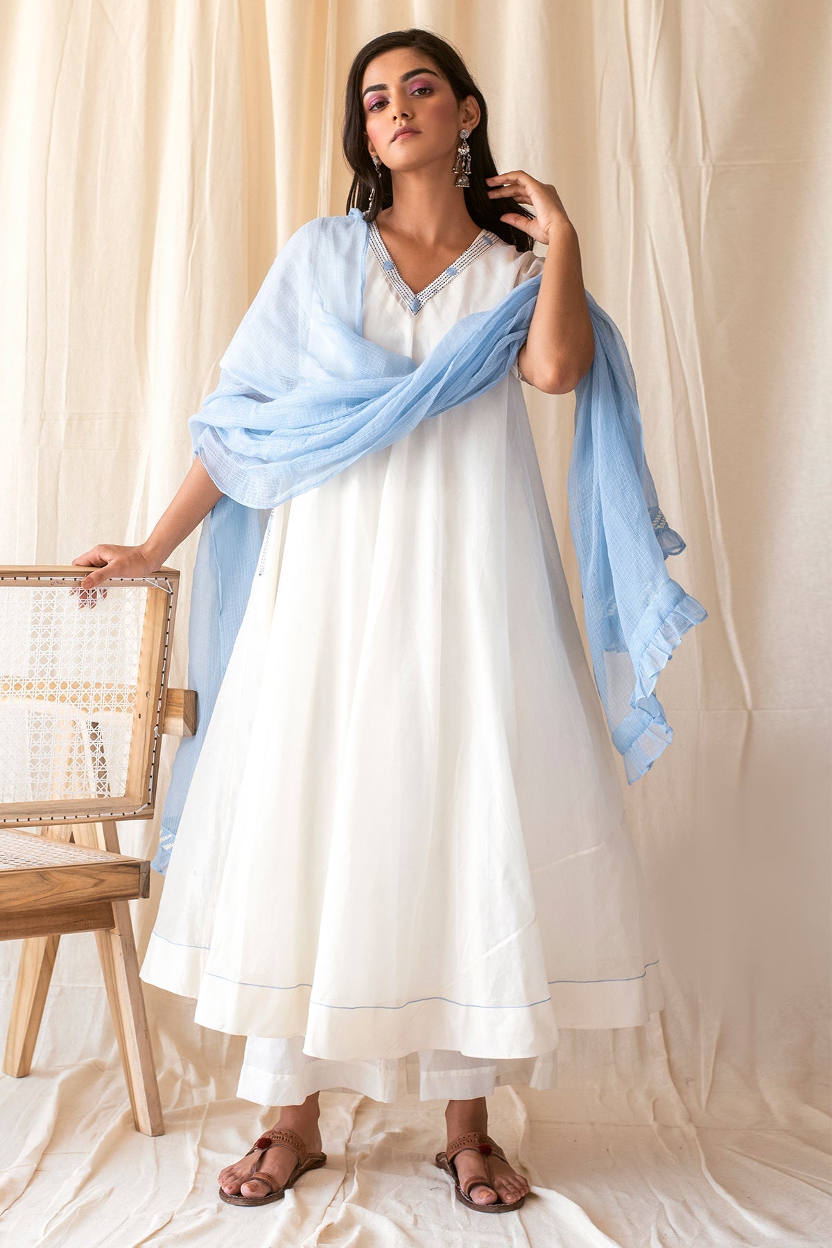 Buy V-Neck White Flared Kurta Set by Taro India for Women online at ScrollnShops