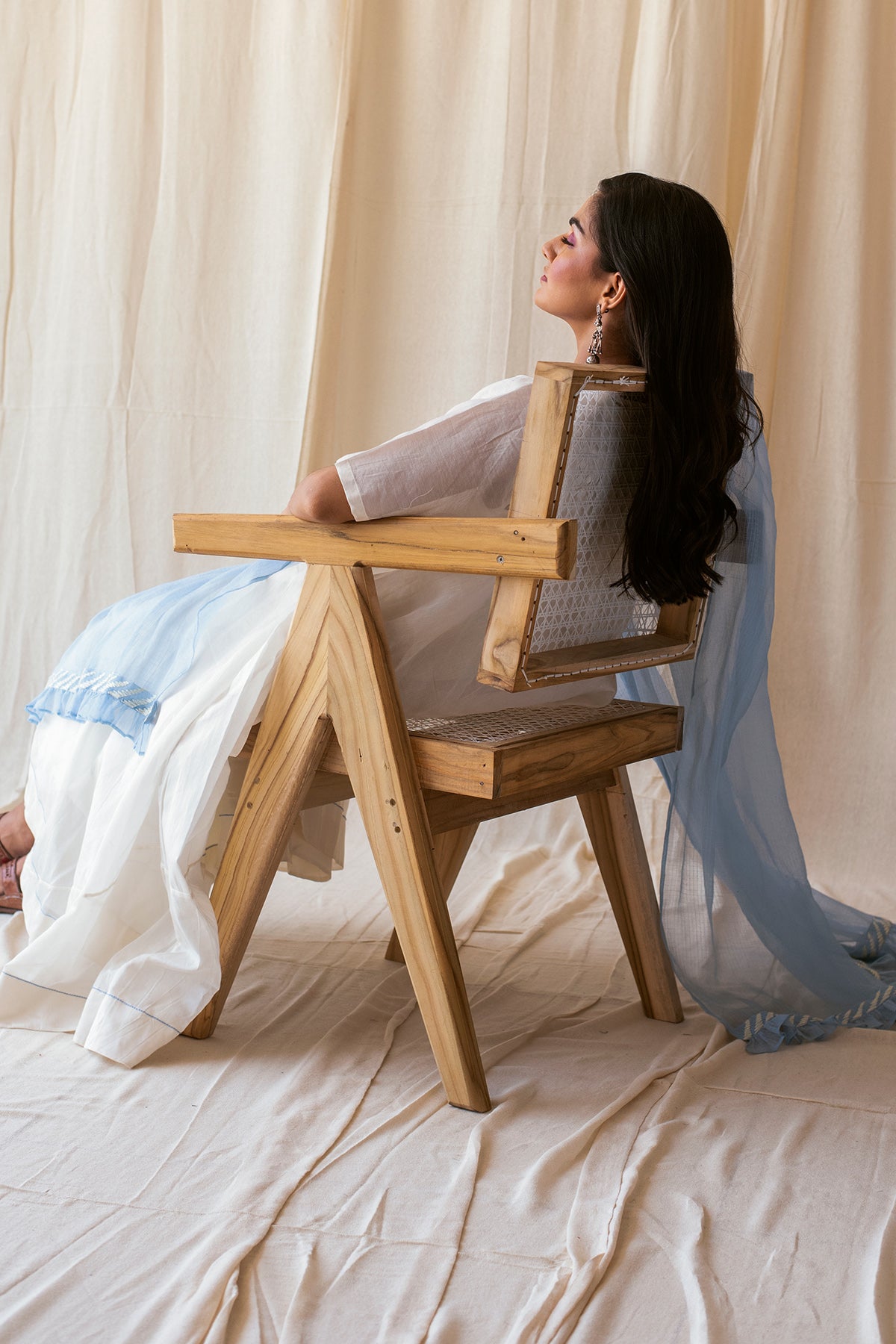 V-Neck White Flared Kurta Set