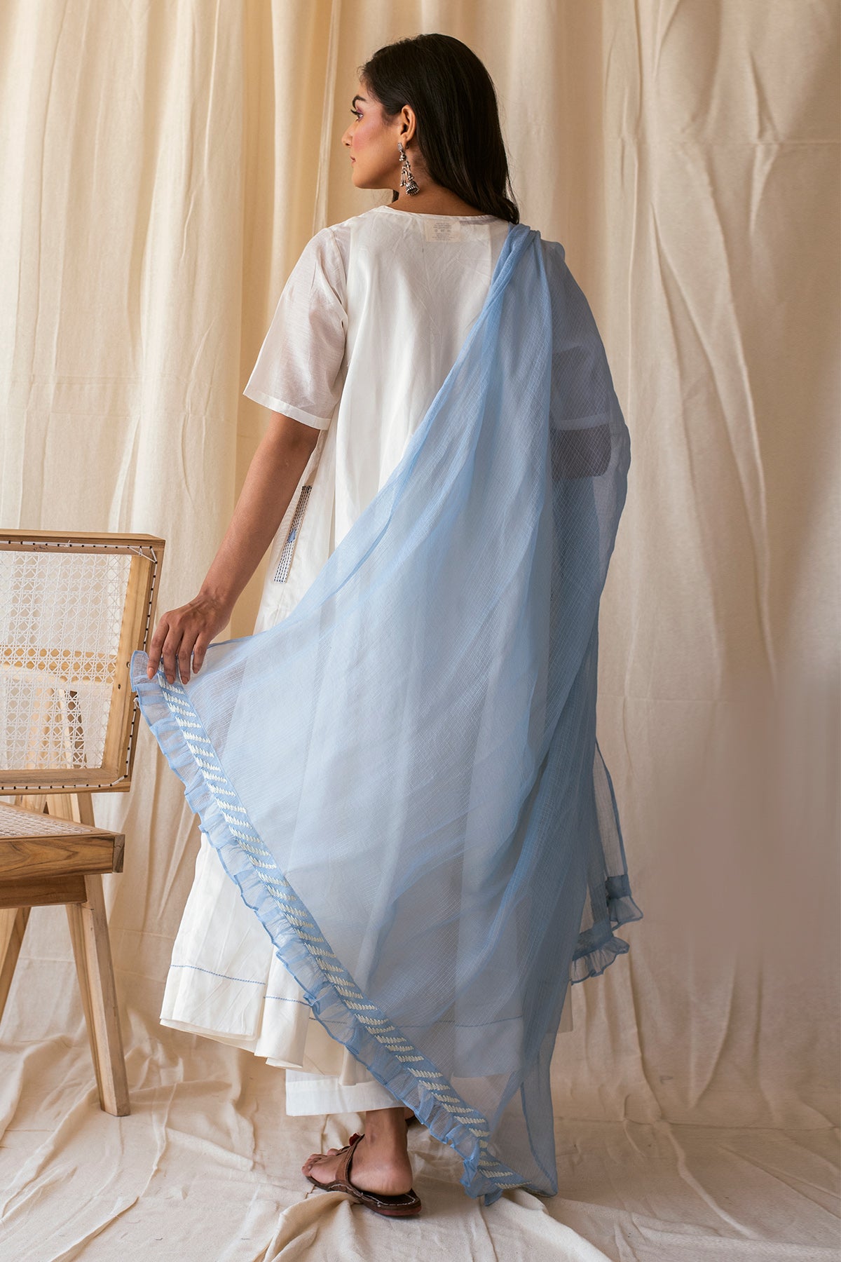 V-Neck White Flared Kurta Set