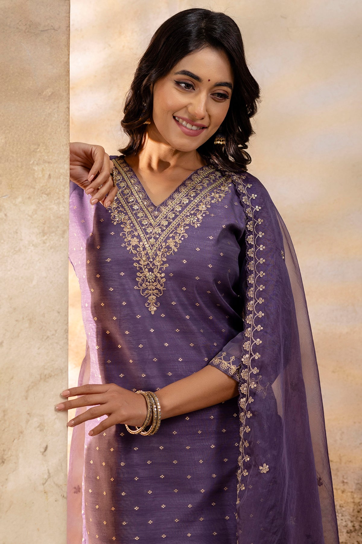 V Neck Silk Lavender Kurta Set