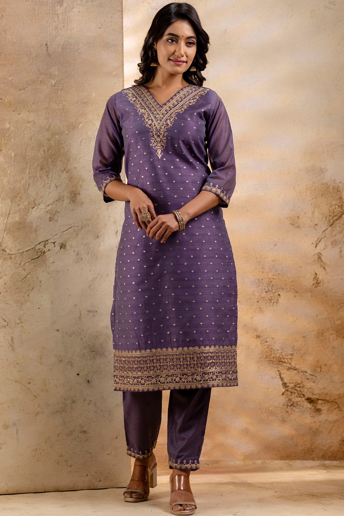 V Neck Silk Lavender Kurta Set