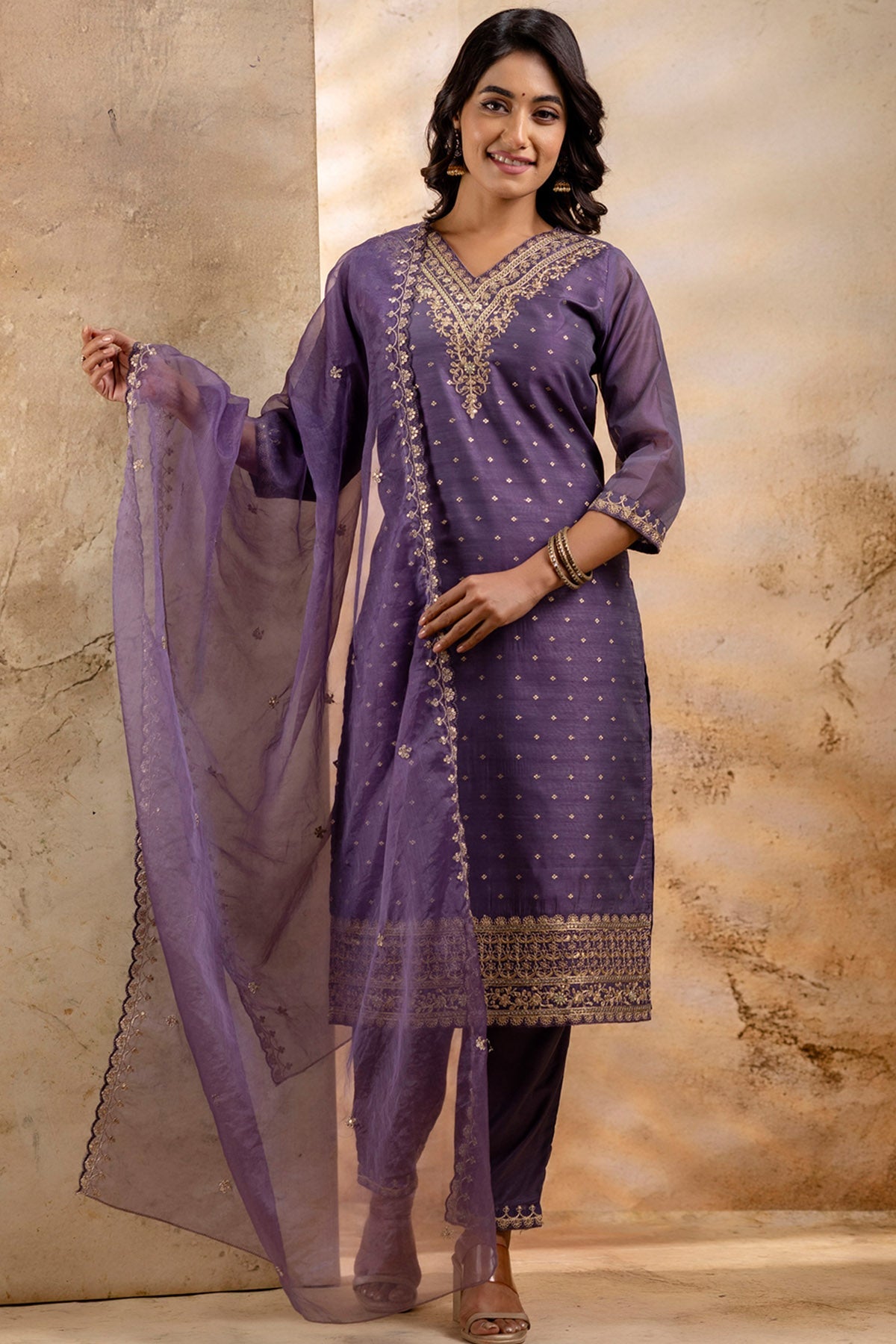 Buy V Neck Silk Lavender Kurta Set for women by Aastha Fashion online available at scrollnshops