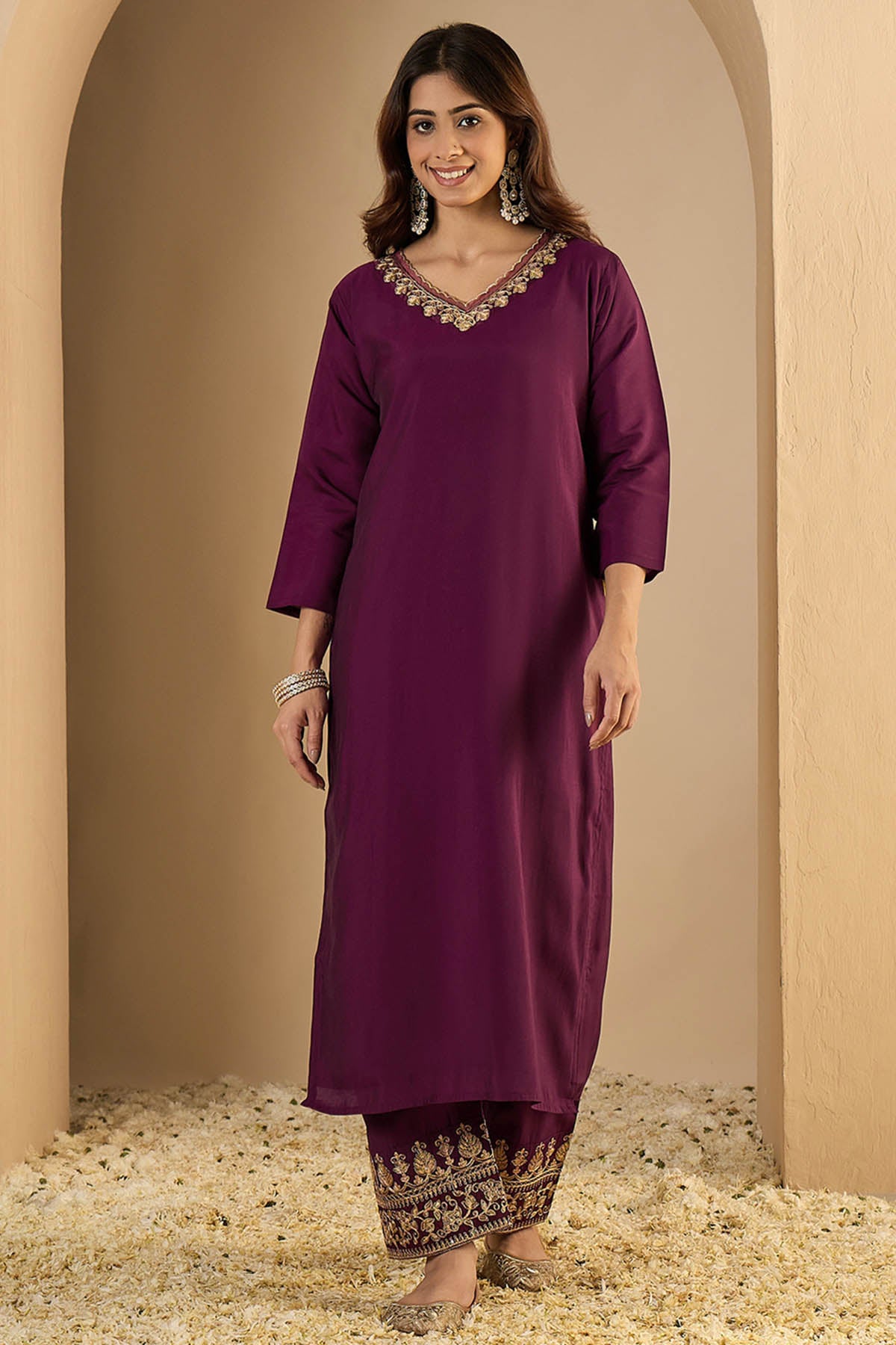 V Neck Silk Purple Kurta Set