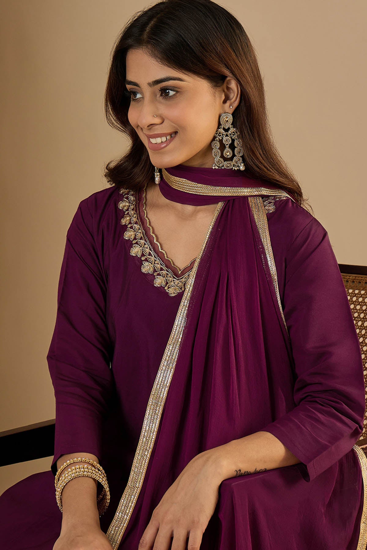V Neck Silk Purple Kurta Set