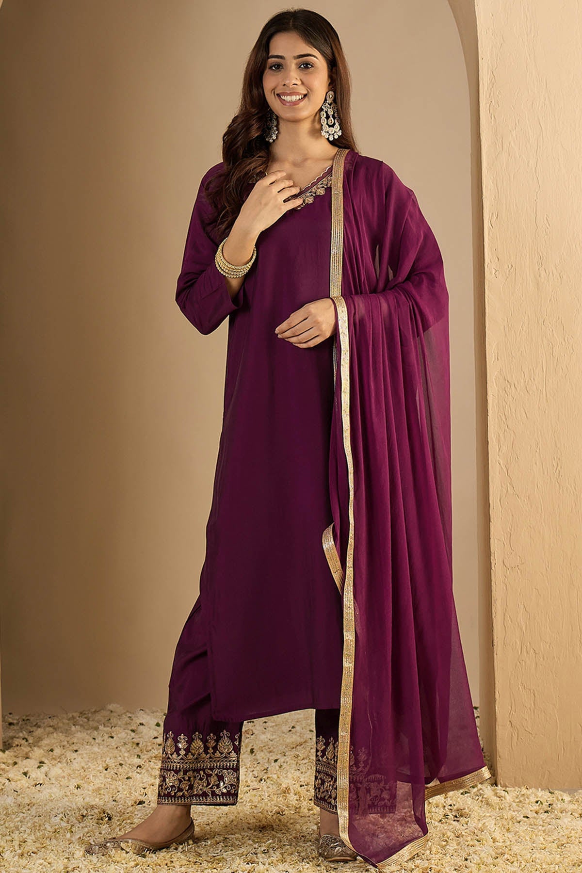 Buy V Neck Silk Purple Kurta Set for women by Aastha Fashion online available at scrollnshops