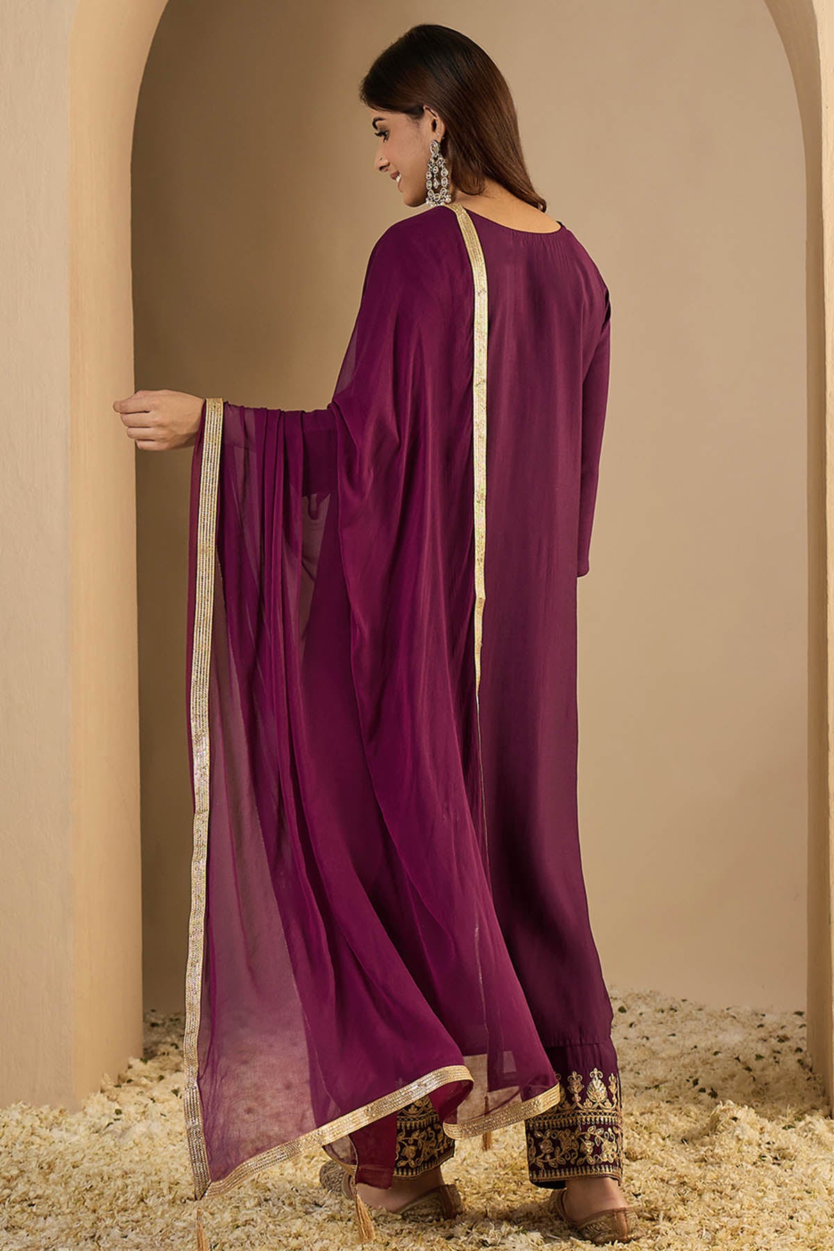 V Neck Silk Purple Kurta Set