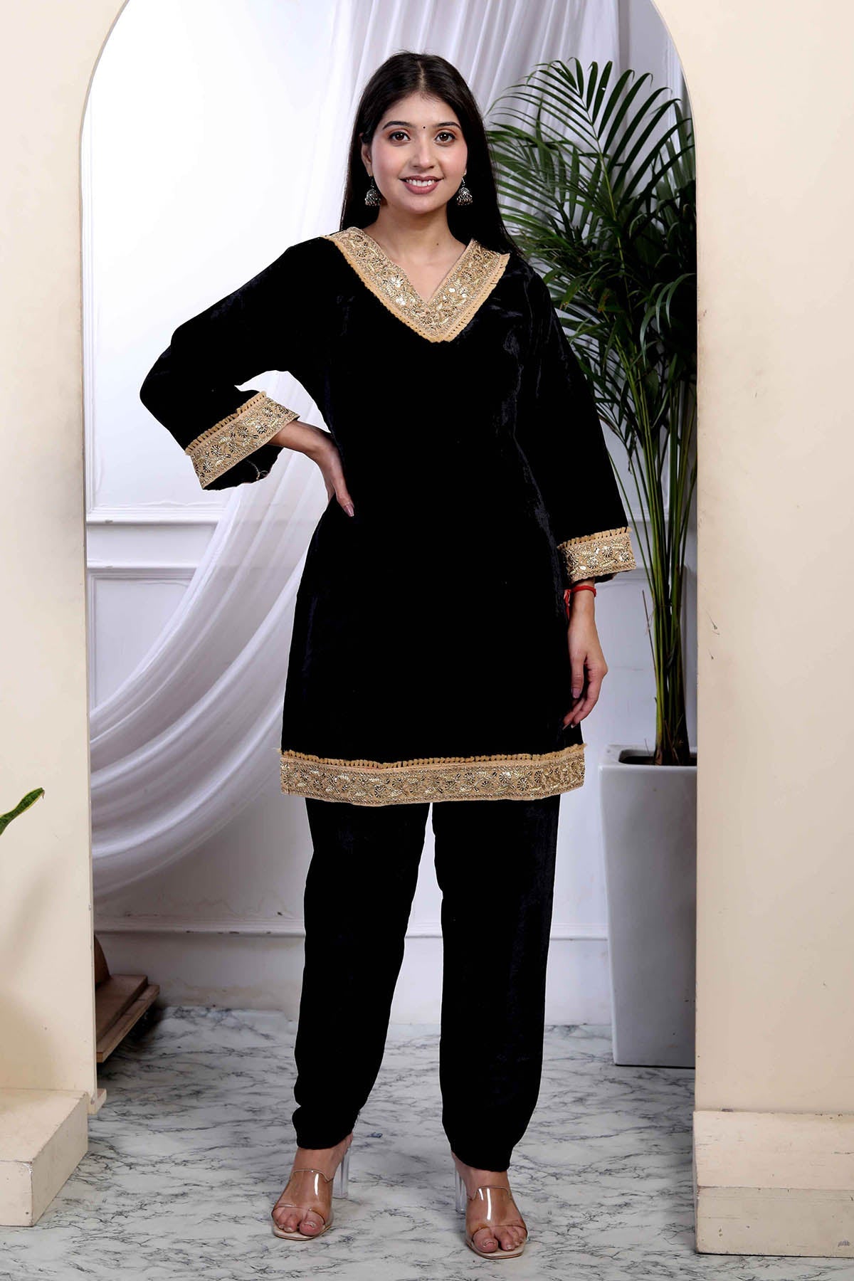 Buy Velvet Black Short Kurta Set by Miravan for women online at ScrollnShops