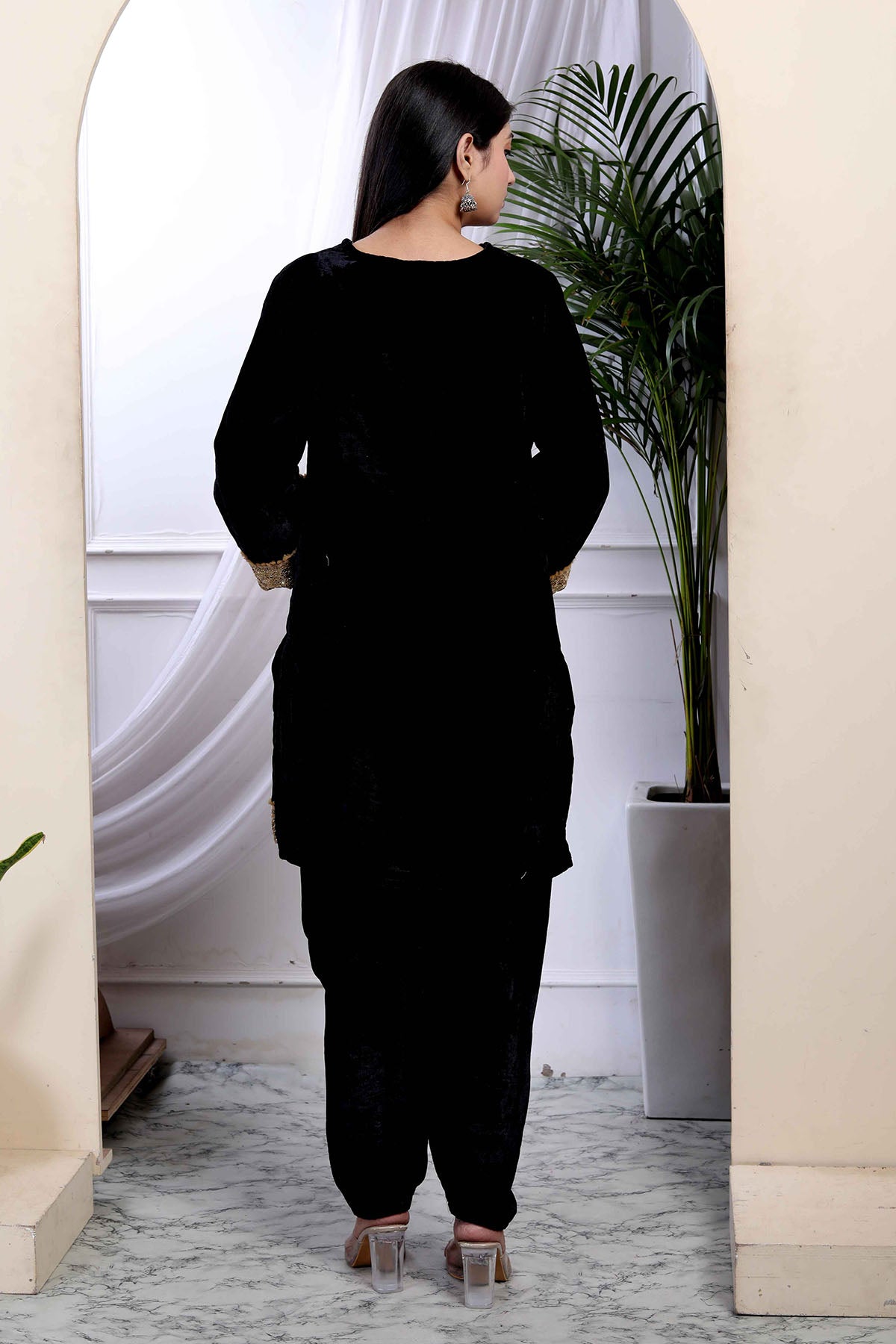 Velvet Black Short Kurta Set
