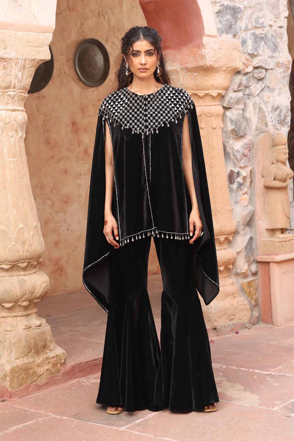 Buy Velvet Embroidered Cape Set by Ajiesh Oberoi for women online at ScrollnShops