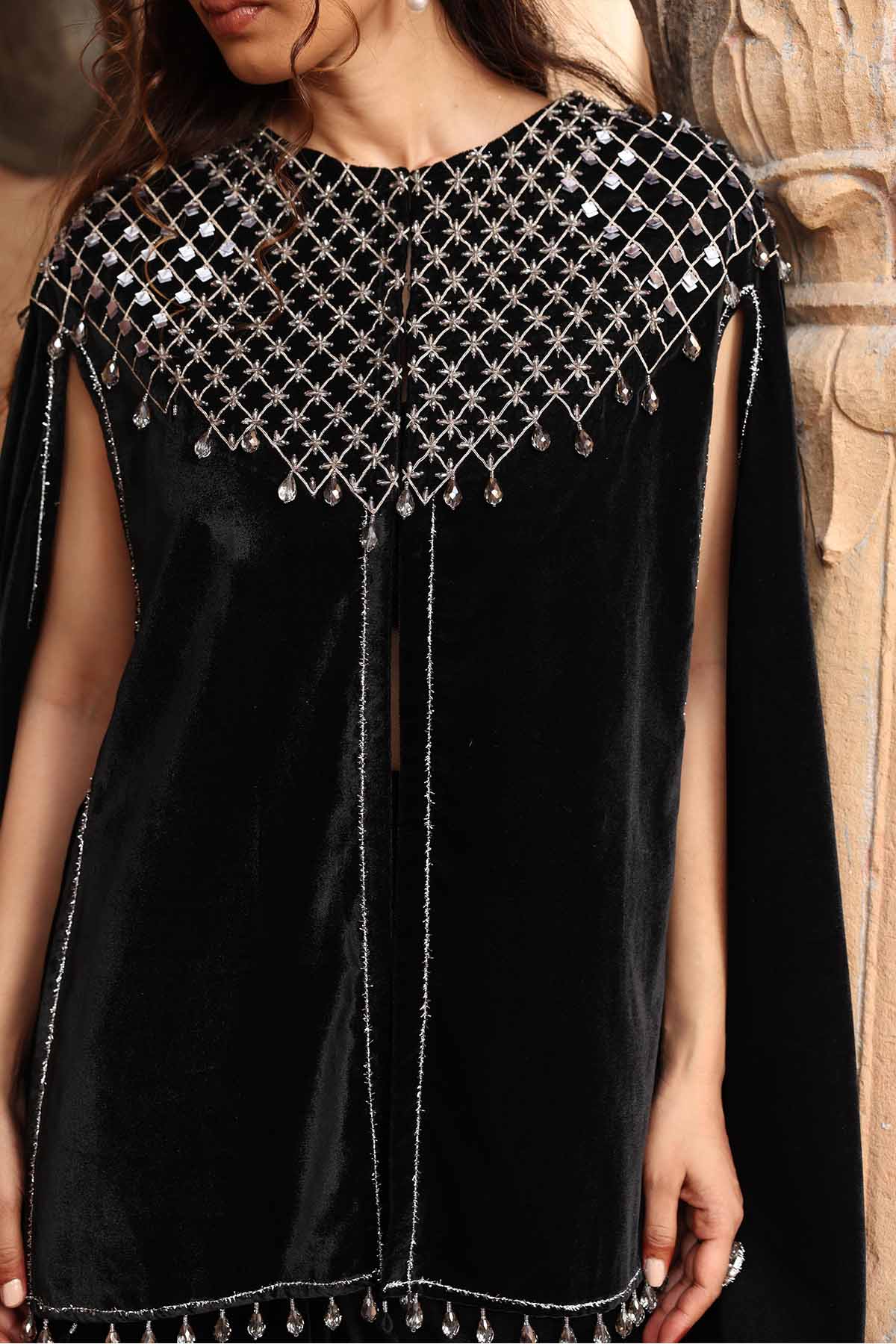 Velvet Embroidered Cape Set