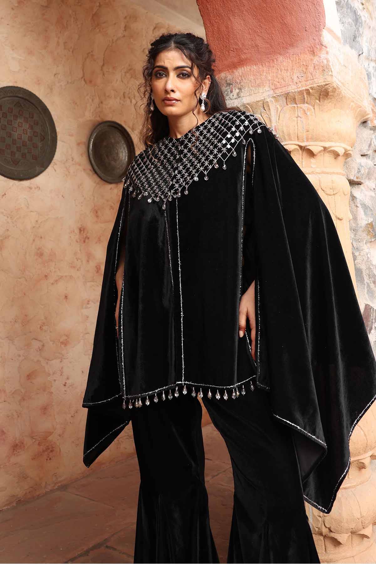Velvet Embroidered Cape Set