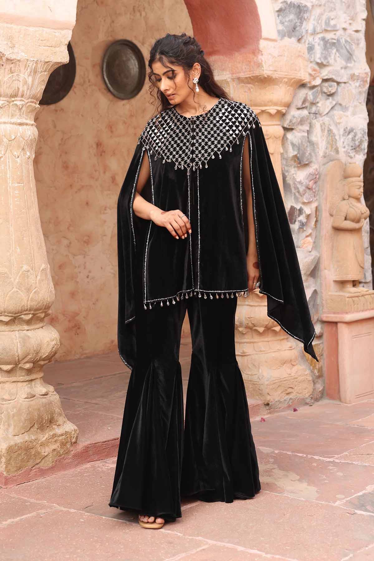 Velvet Embroidered Cape Set