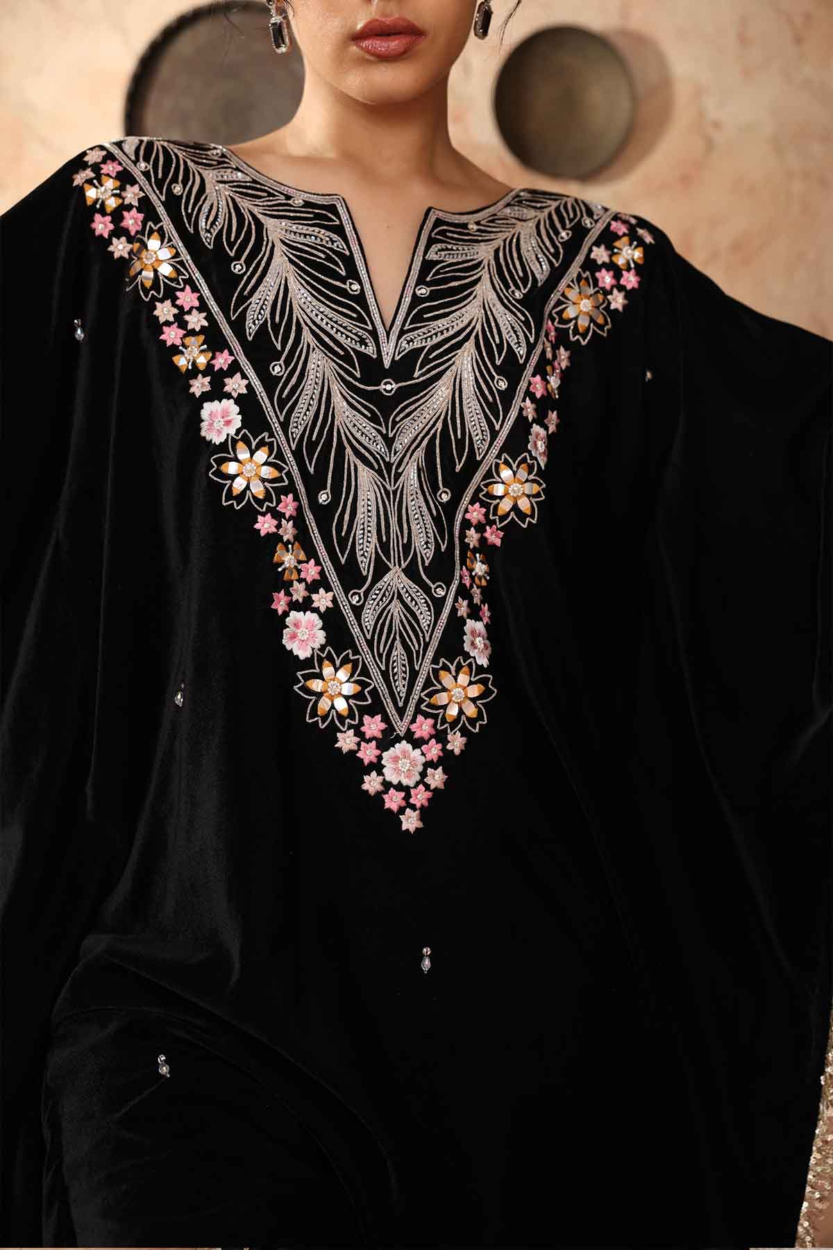 Embroidered Velvet Kaftan Set
