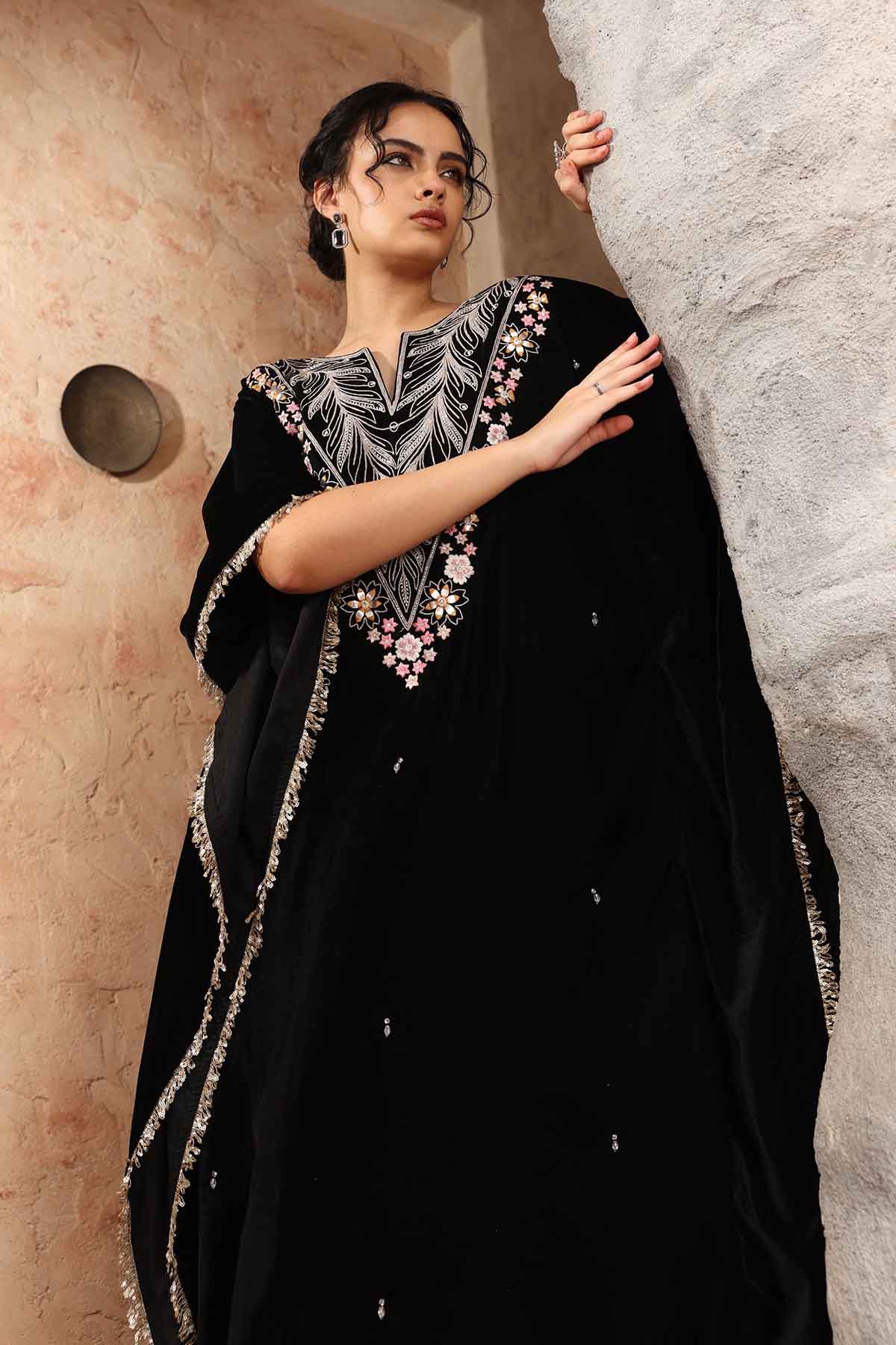Embroidered Velvet Kaftan Set