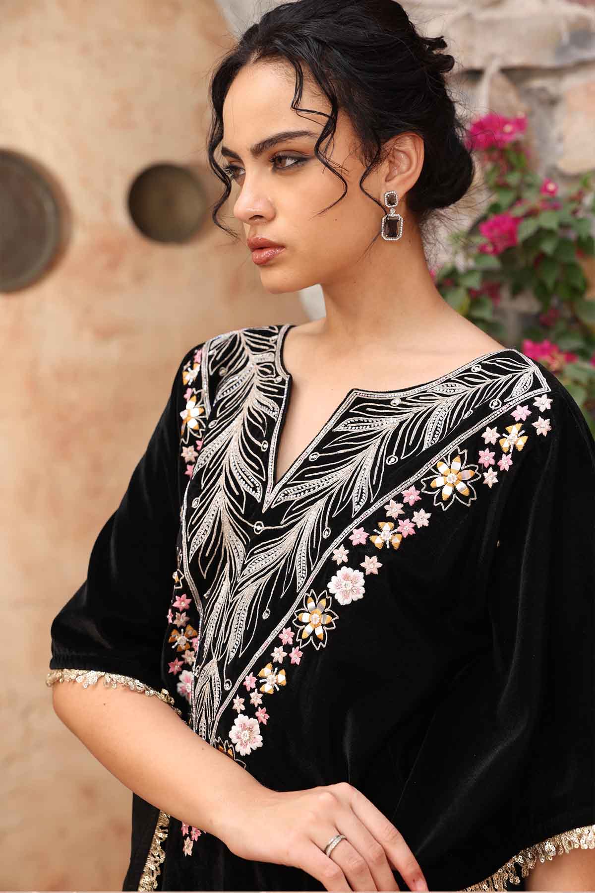 Embroidered Velvet Kaftan Set