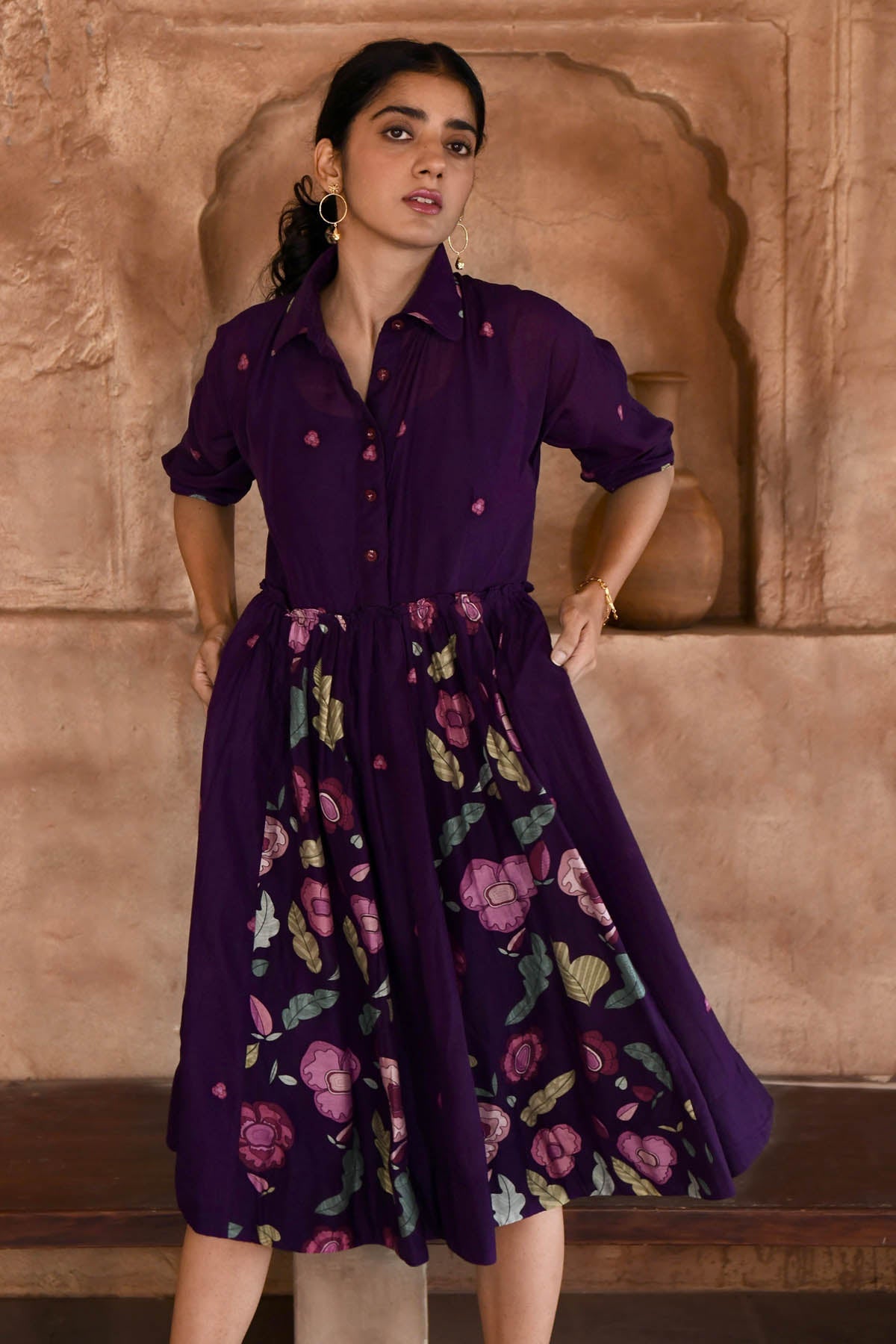 Taro India Violet Chanderi Silk Shirt Dress for women online at ScrollnShops