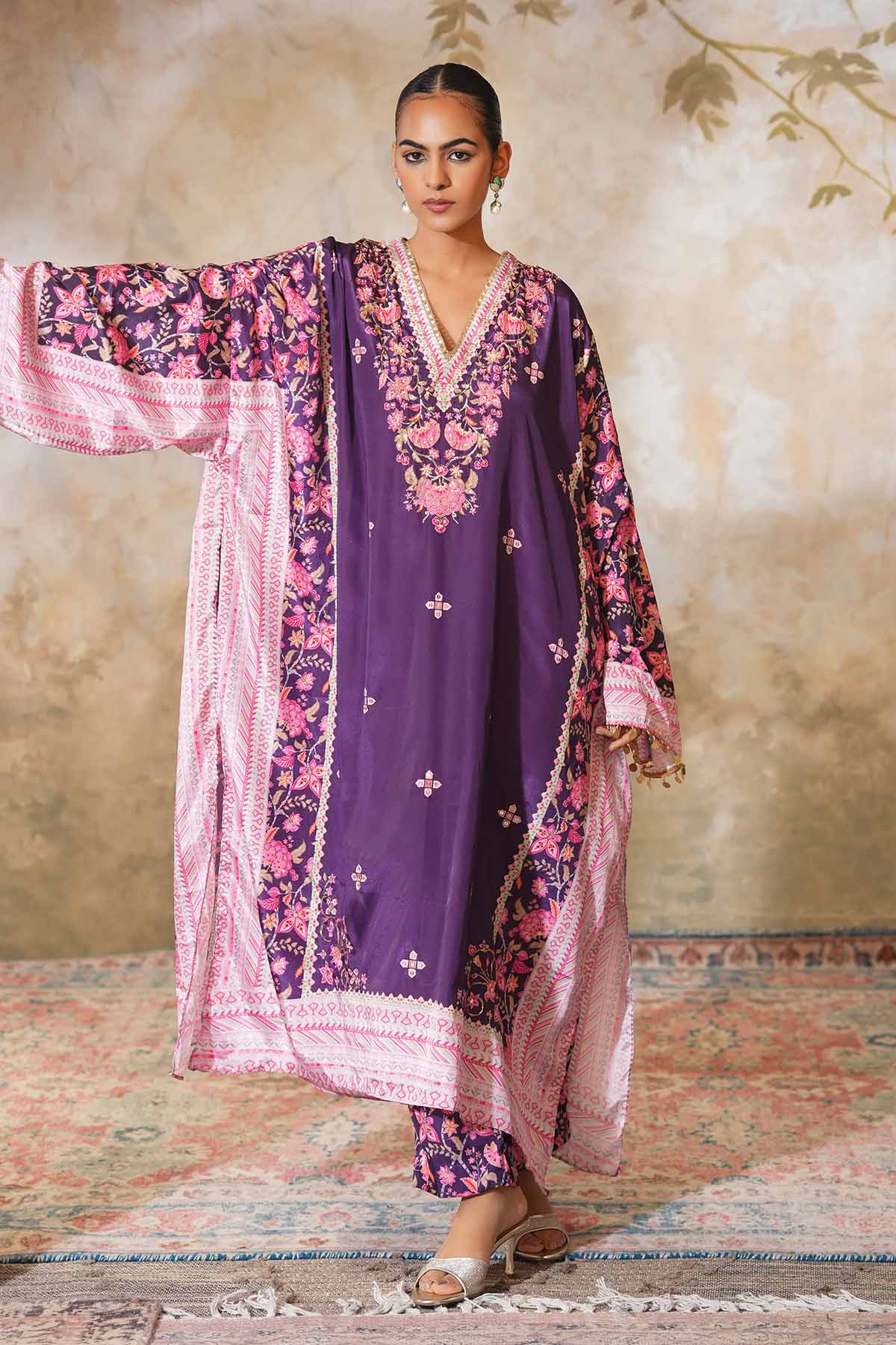 Buy Violet Crepe Silk Kaftan Set by Ugna by Unnati for women online at ScrollnShops