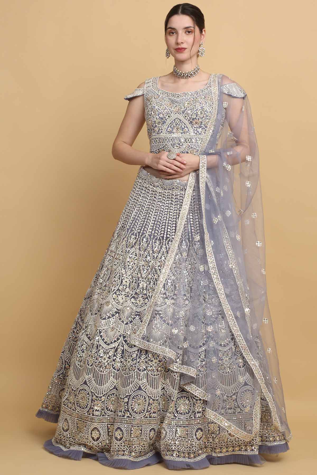 Aham Vayam Violet Embroidered Lehenga Set for women online at ScrollnShops