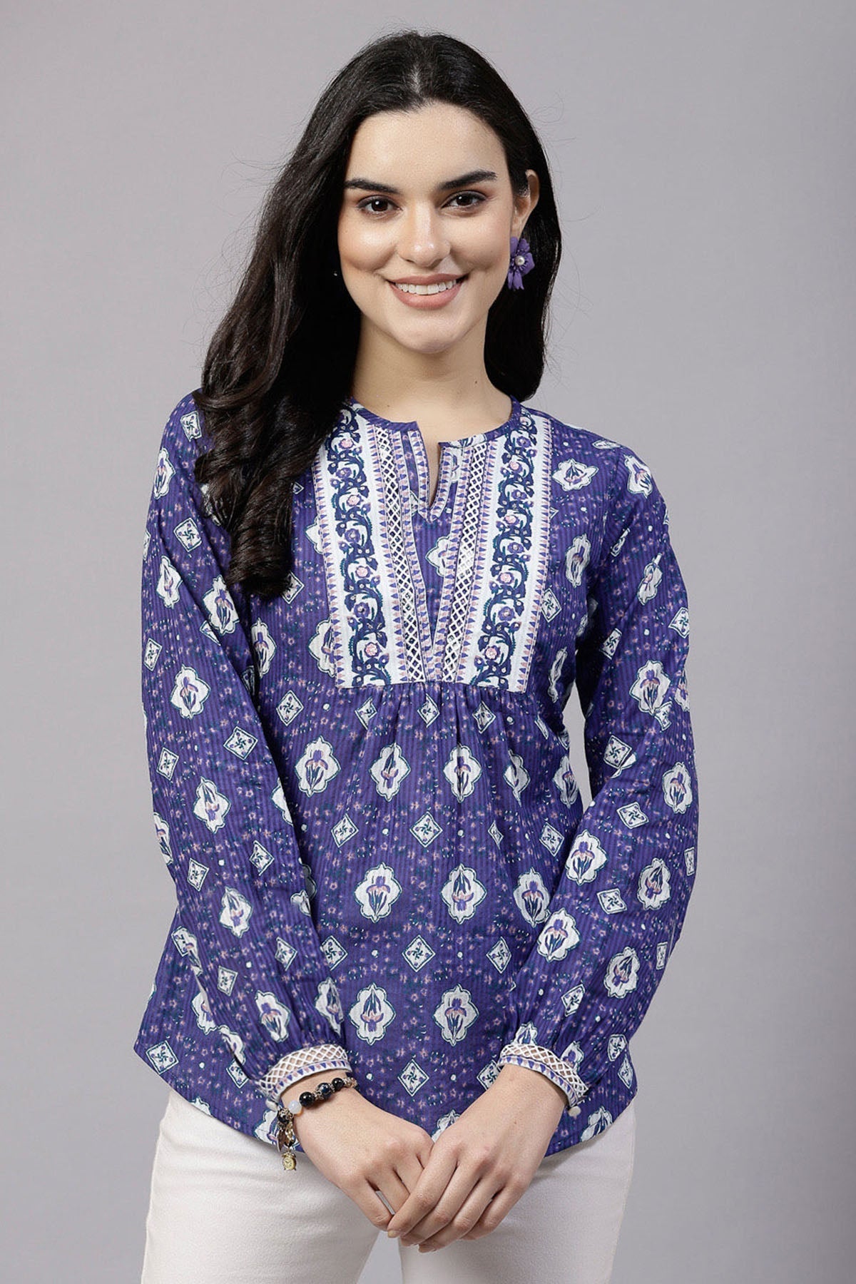 Buy Violet Floral Printed Yoke Top for Women by Qomn Designer online available at scrollnshops