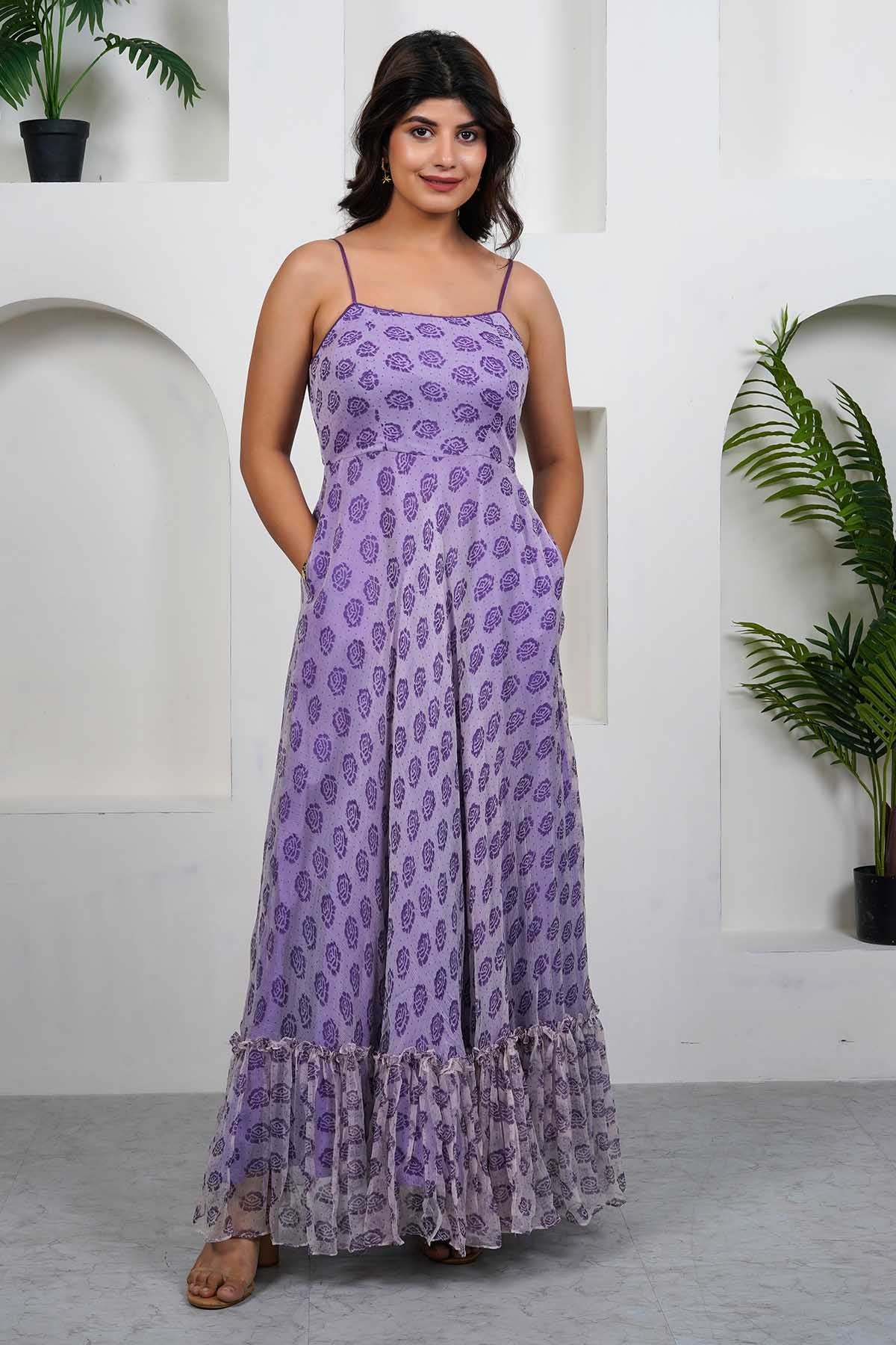 Buy Designer Violet Handblock Printed Dress Online