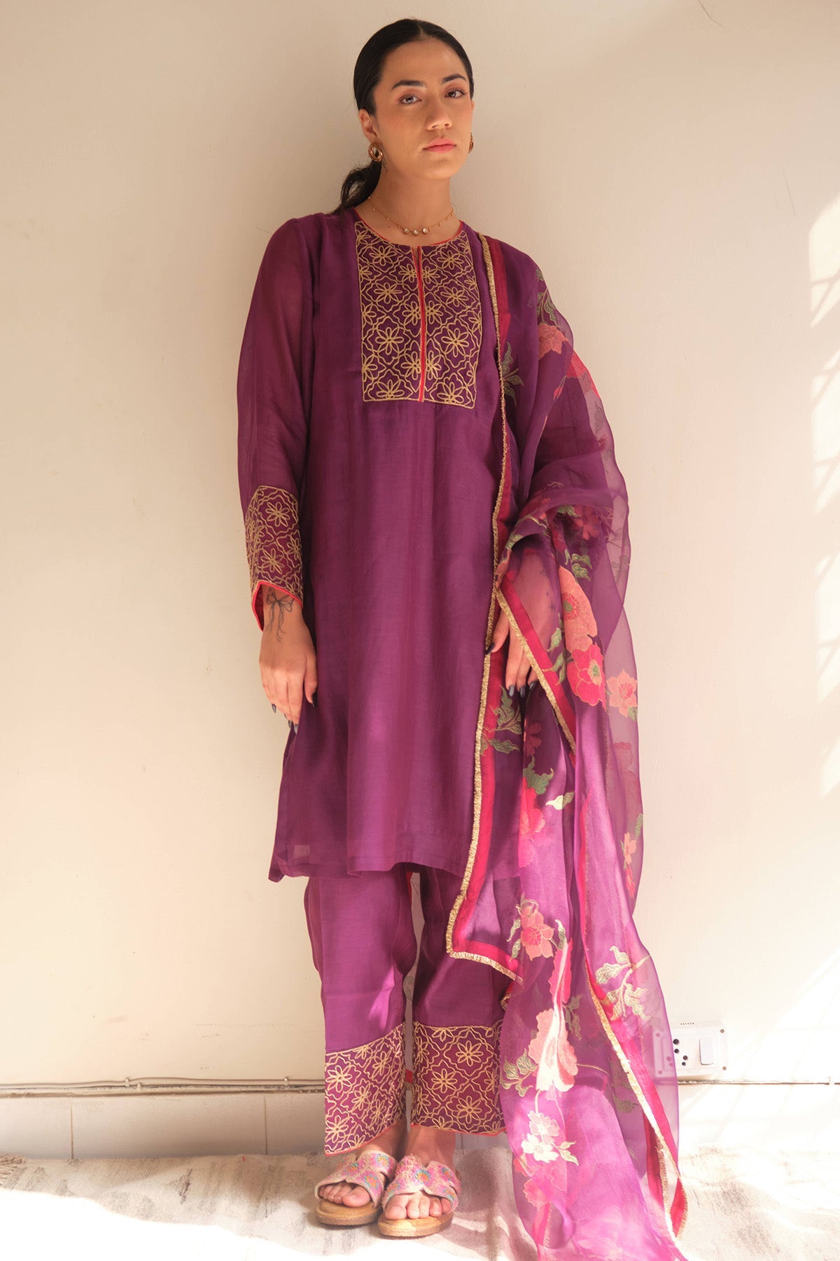 Buy Violet Handwoven Zari Kurta Set for women by Juanita by Shubda online available at scrollnshops