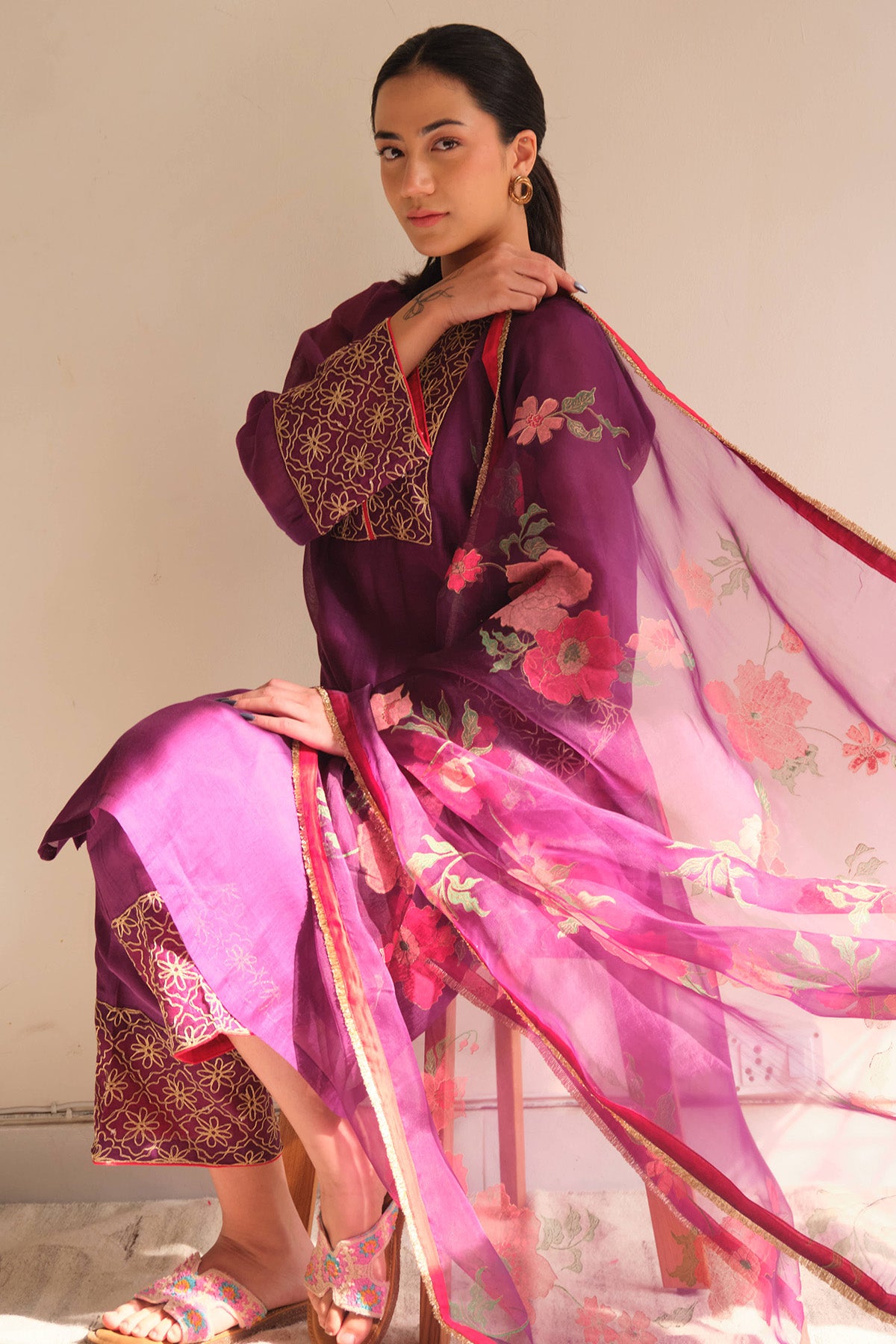 Violet Handwoven Zari Kurta Set